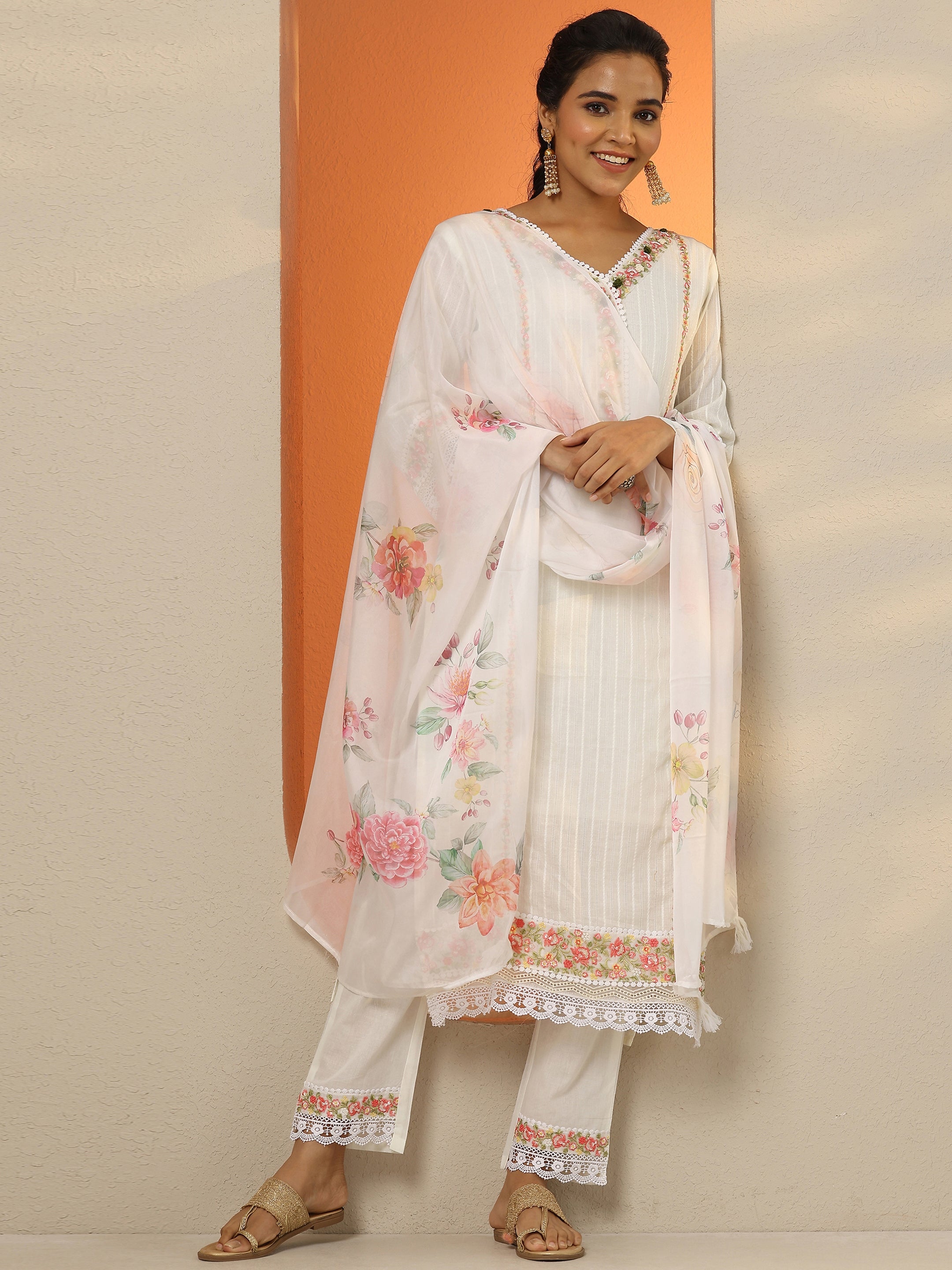 Off White Embroidered Cotton Straight Suit Set With Dupatta