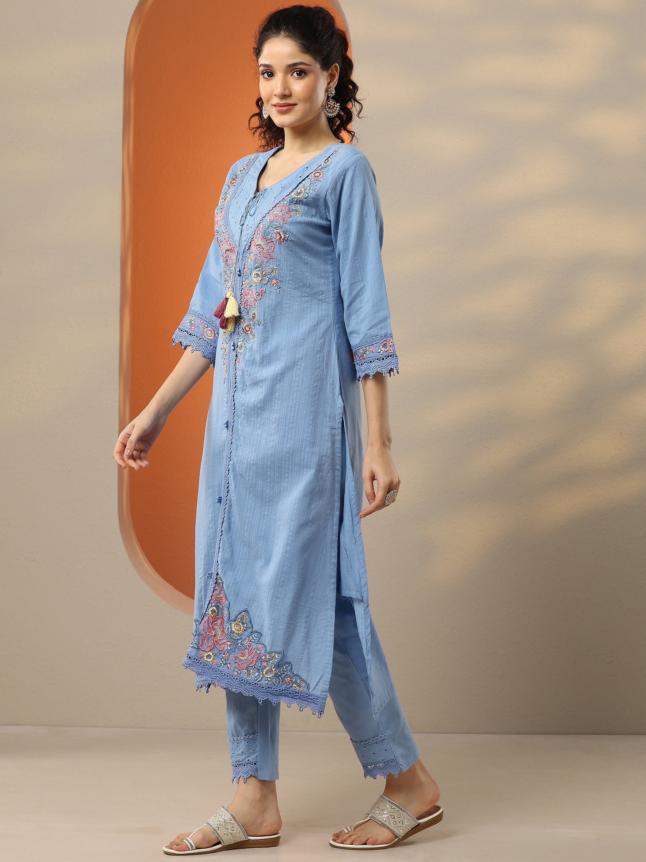 Blue Embroidered Cotton Straight Suit Set With Dupatta