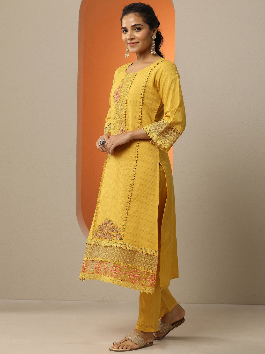 Mustard Embroidered Cotton Straight Suit Set With Dupatta