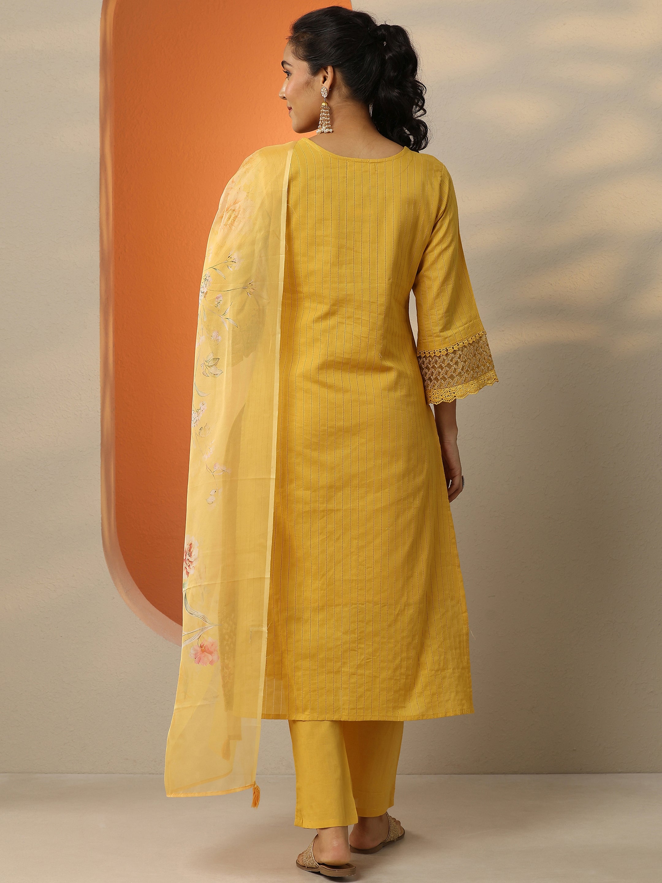 Mustard Embroidered Cotton Straight Suit Set With Dupatta
