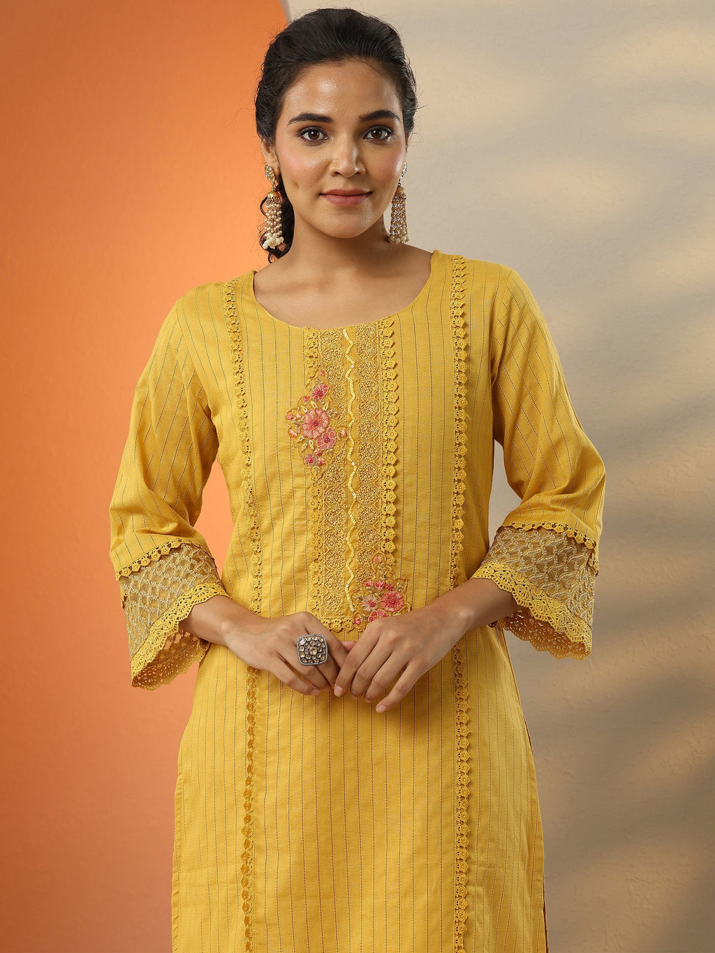 Mustard Embroidered Cotton Straight Suit Set With Dupatta