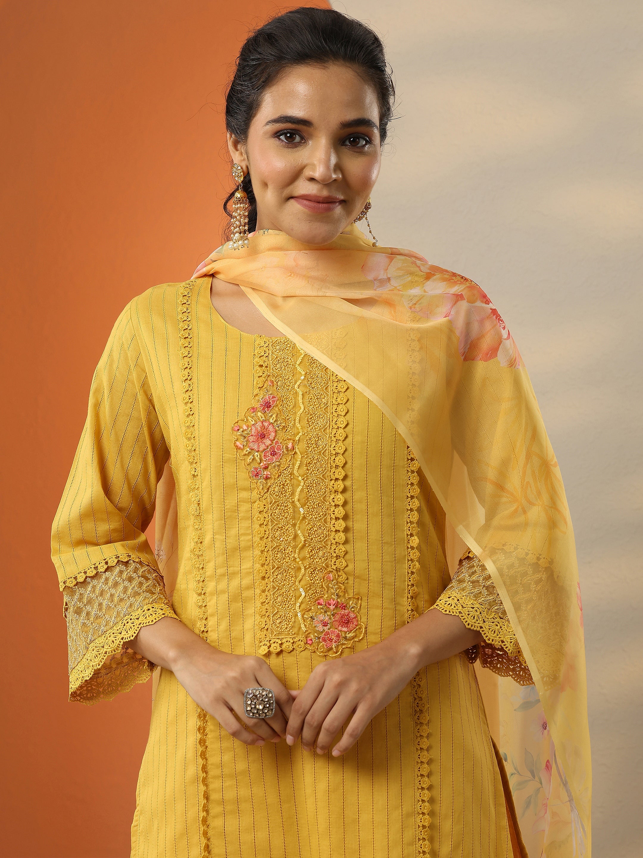 Mustard Embroidered Cotton Straight Suit Set With Dupatta