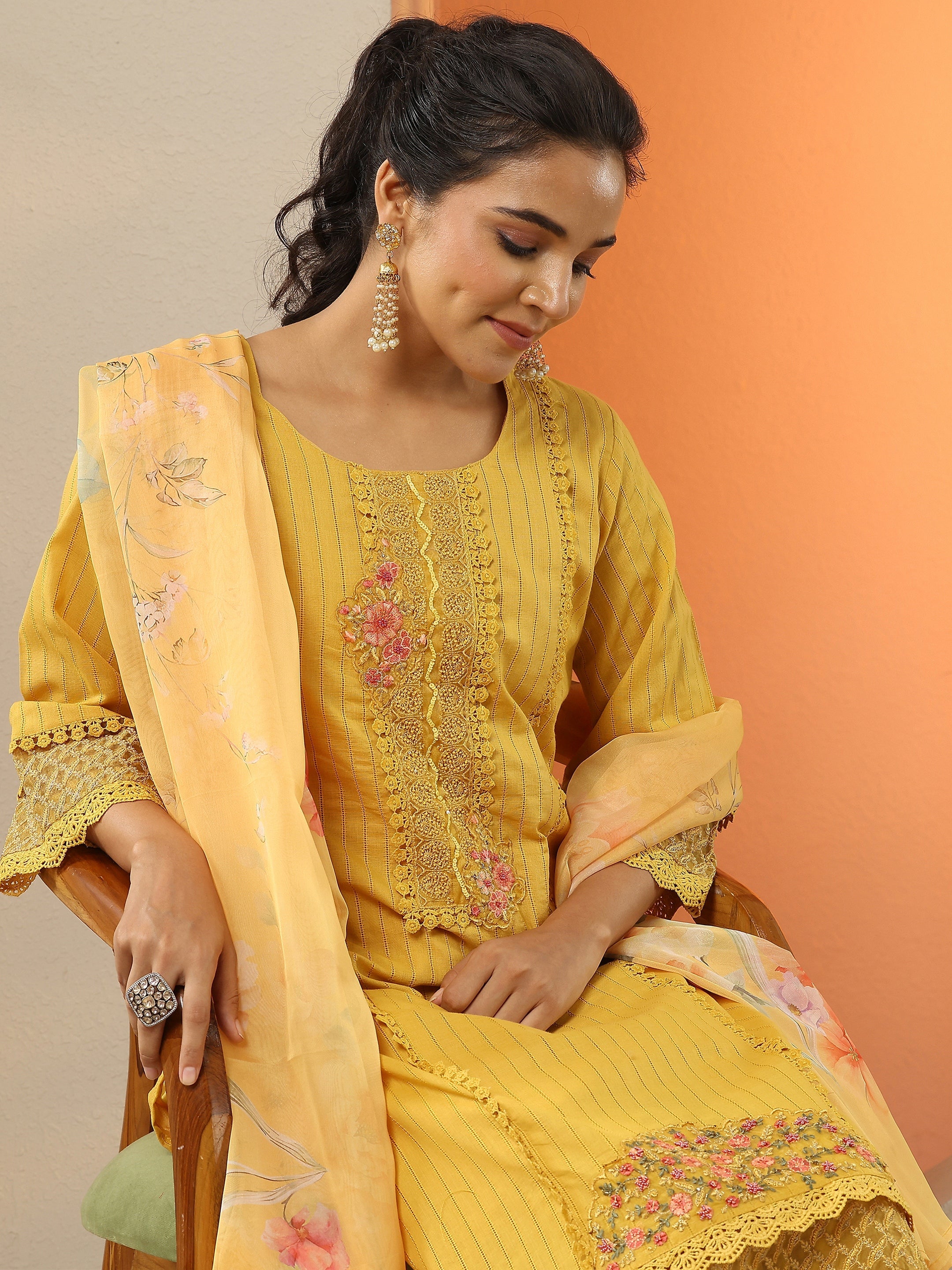 Mustard Embroidered Cotton Straight Suit Set With Dupatta