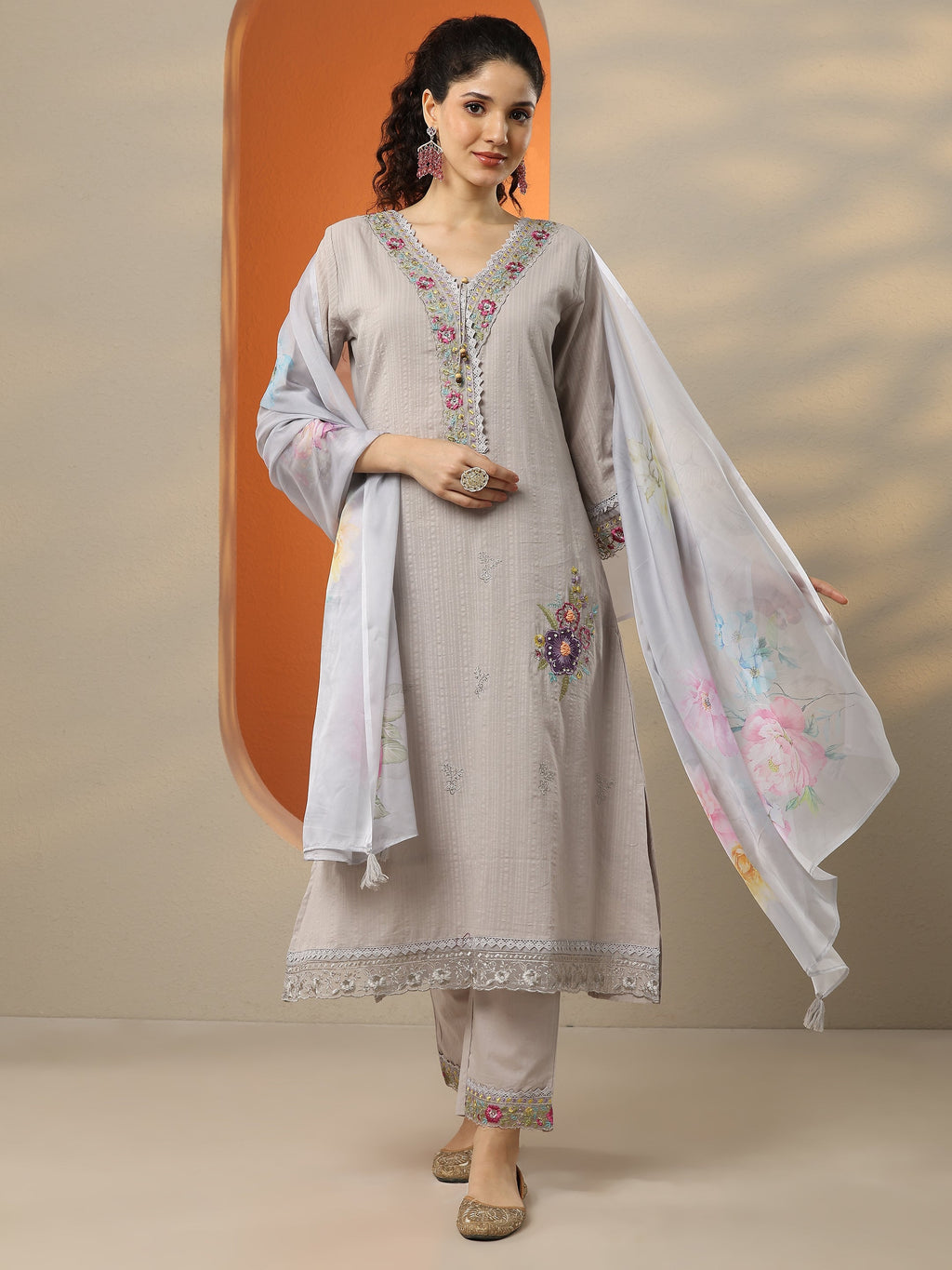 Grey Embroidered Cotton Straight Suit Set With Dupatta
