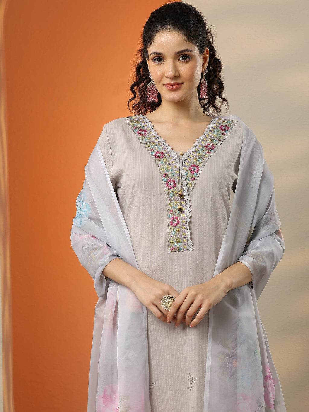 Grey Embroidered Cotton Straight Suit Set With Dupatta