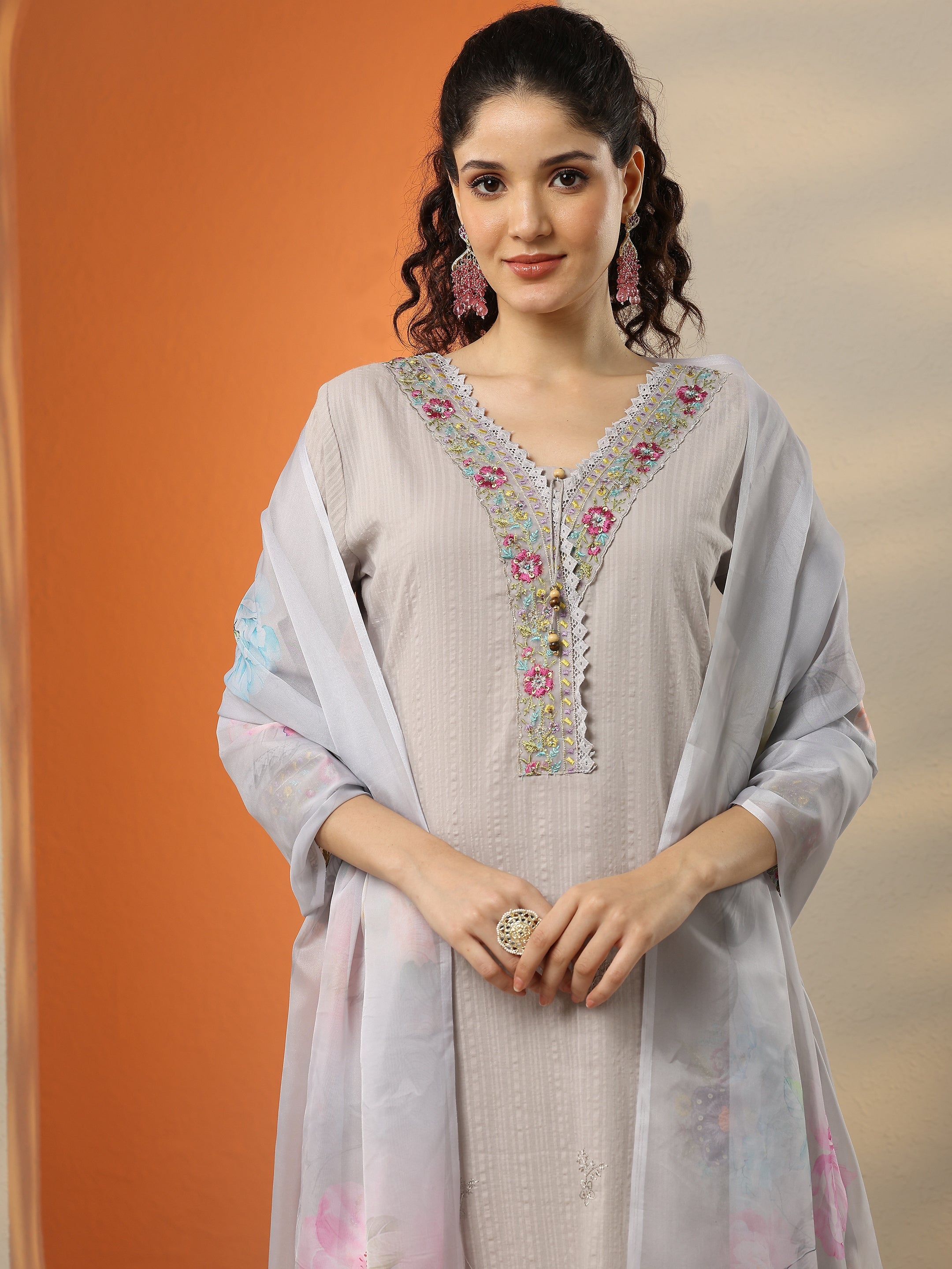 Grey Embroidered Cotton Straight Suit Set With Dupatta