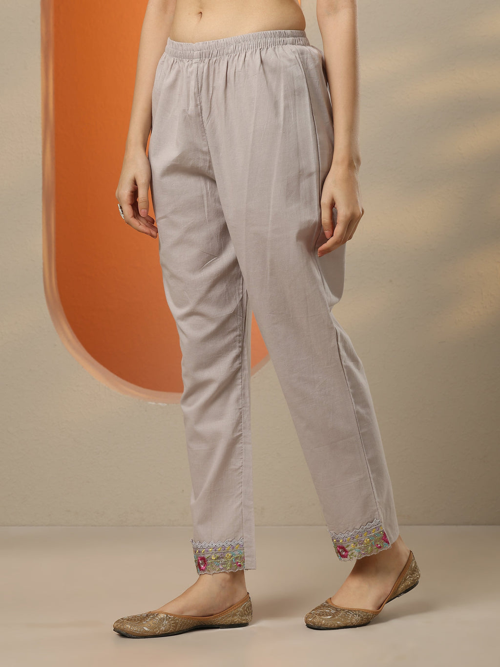 Grey Embroidered Cotton Straight Suit Set With Dupatta