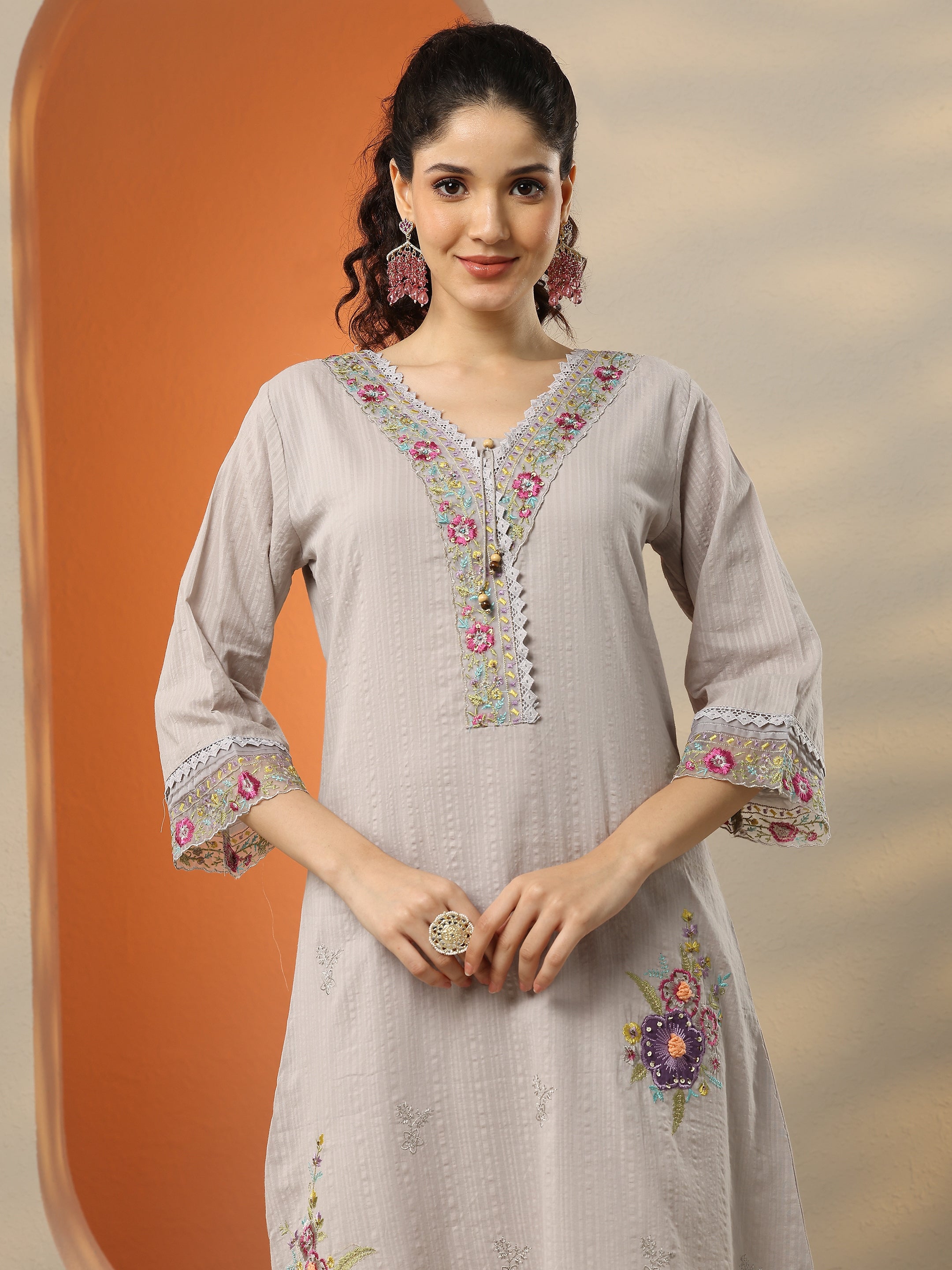 Grey Embroidered Cotton Straight Suit Set With Dupatta