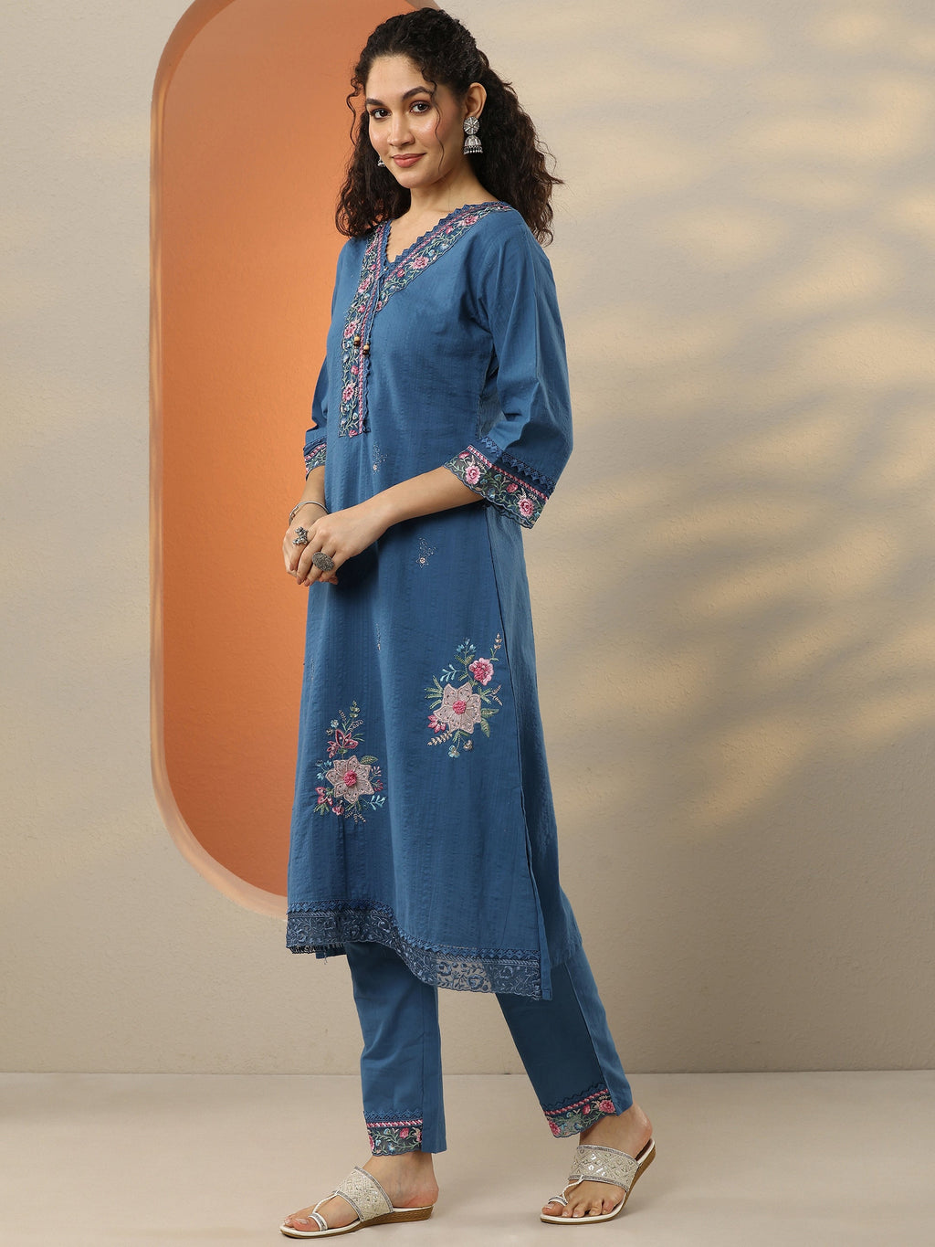 Blue Embroidered Cotton Blend  A-Line Suit Set With Dupatta