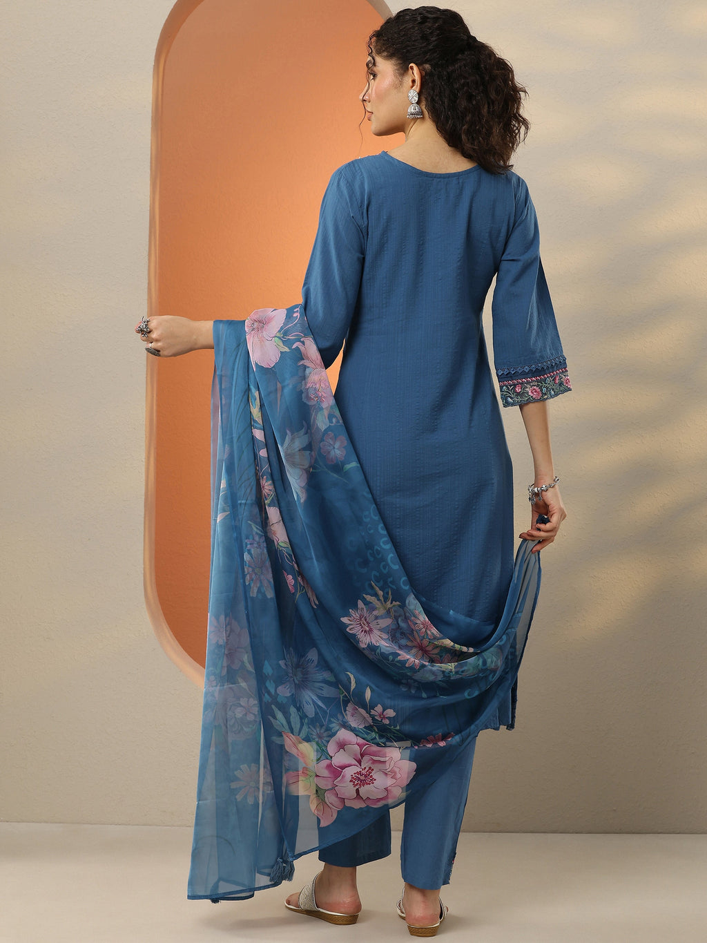 Blue Embroidered Cotton Blend  A-Line Suit Set With Dupatta