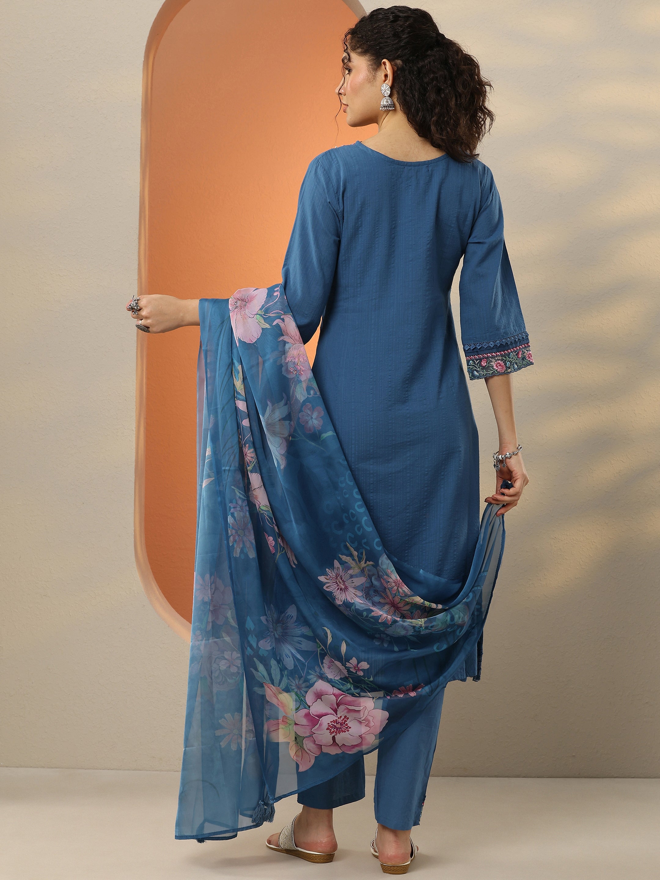 Blue Embroidered Cotton Blend  A-Line Suit Set With Dupatta