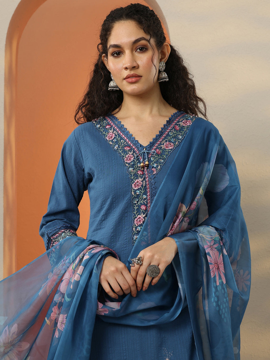 Blue Embroidered Cotton Blend  A-Line Suit Set With Dupatta