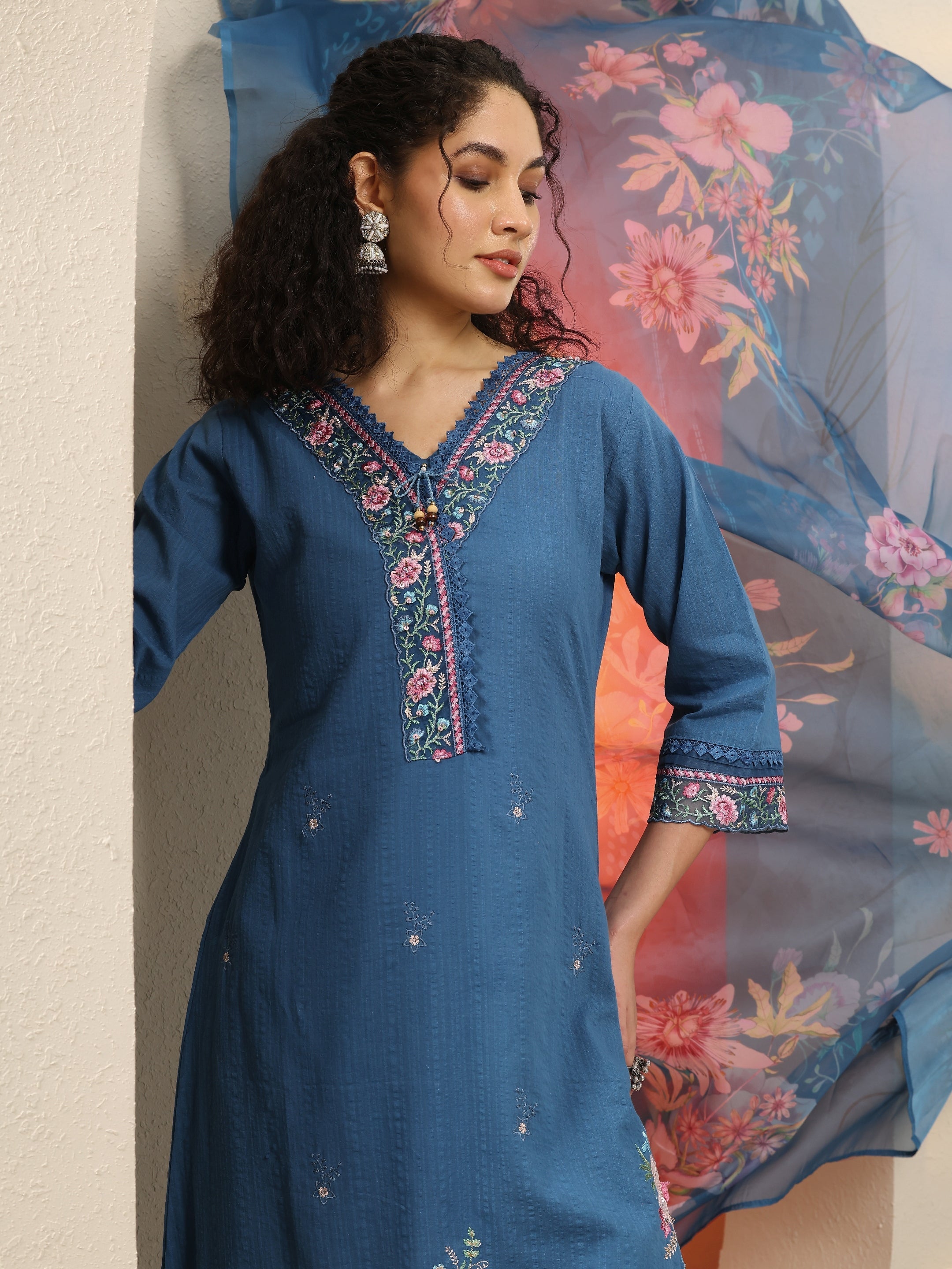 Blue Embroidered Cotton Blend  A-Line Suit Set With Dupatta