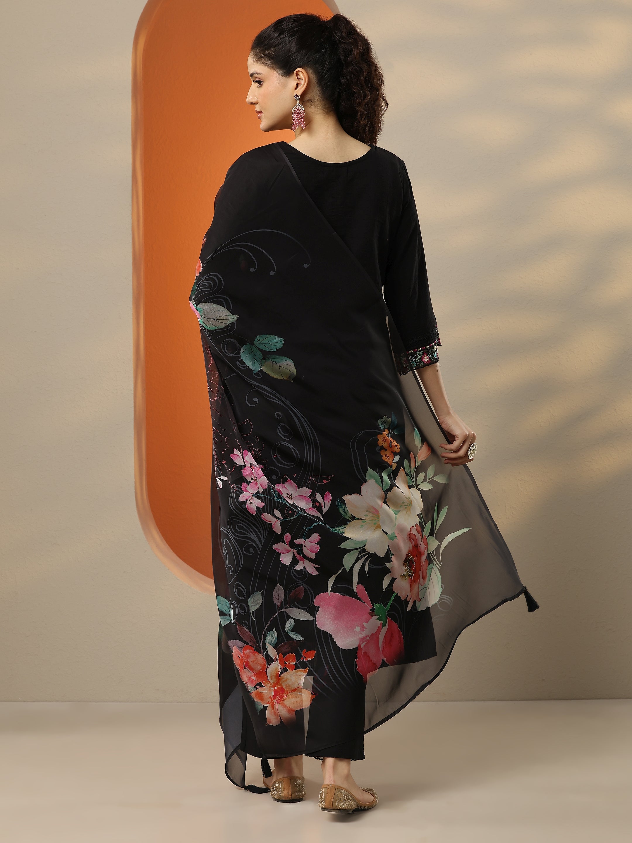 Black Embroidered Cotton Straight Suit Set With Dupatta