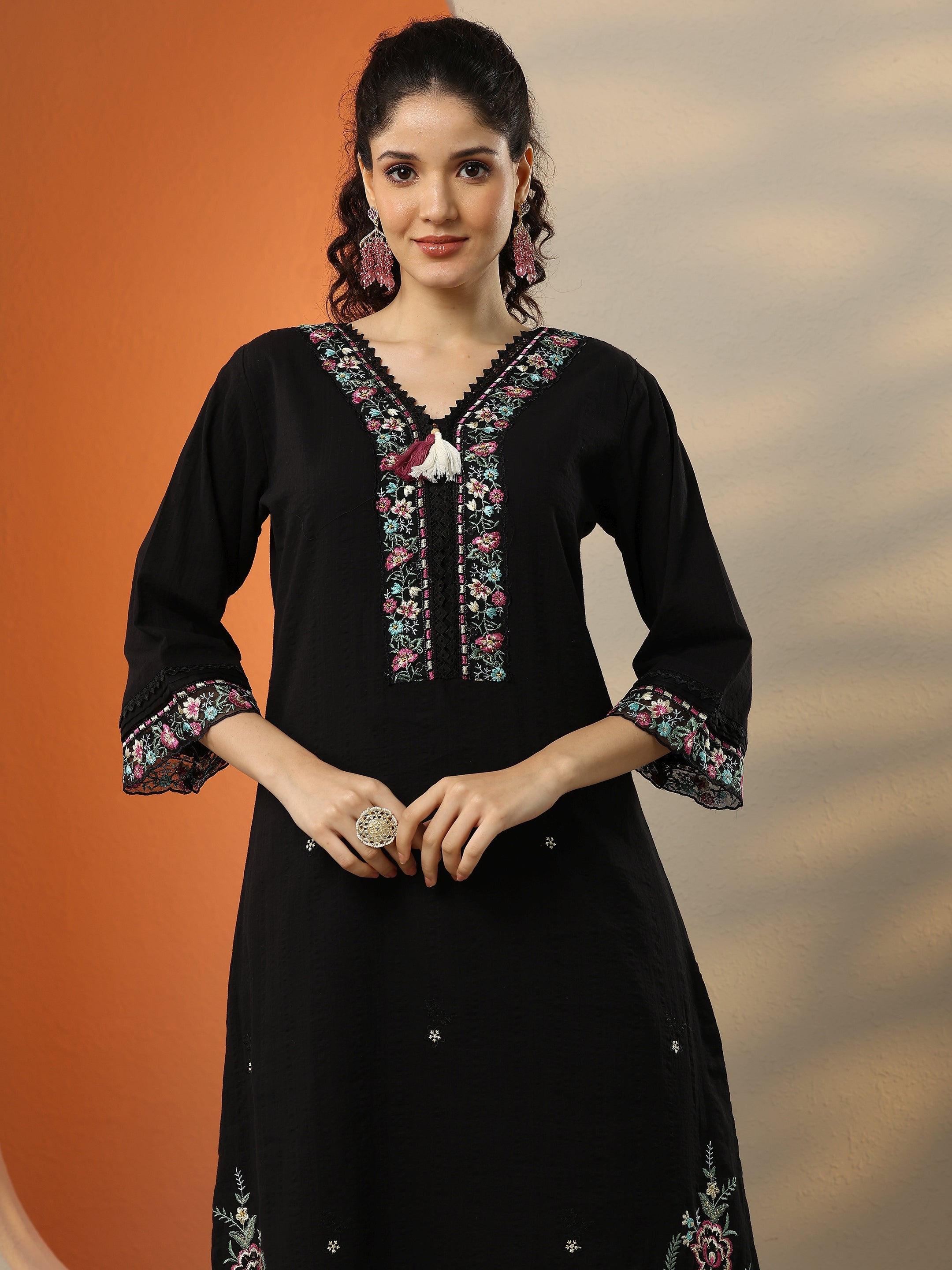 Black Embroidered Cotton Straight Suit Set With Dupatta