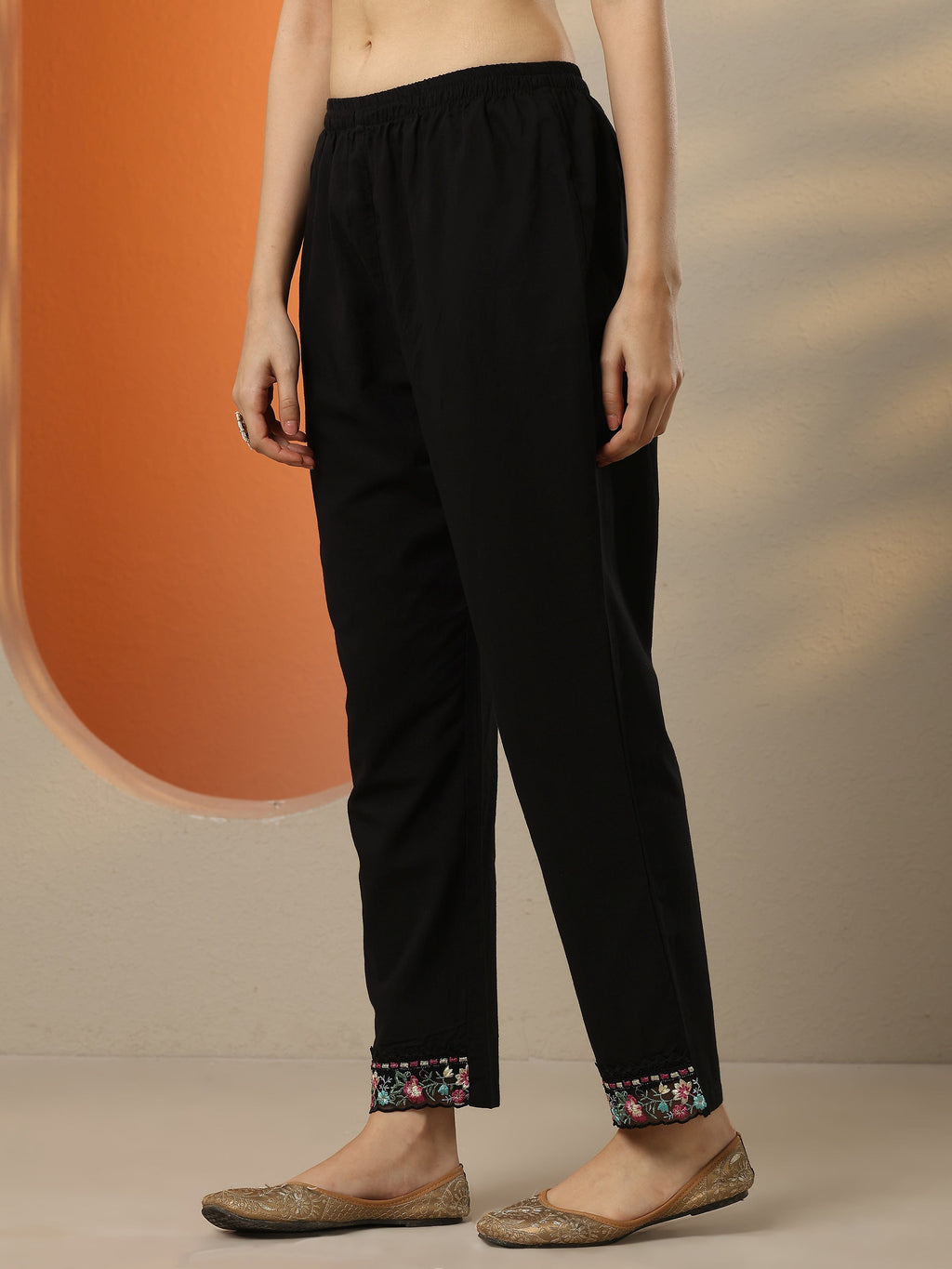 Black Embroidered Cotton Straight Suit Set With Dupatta