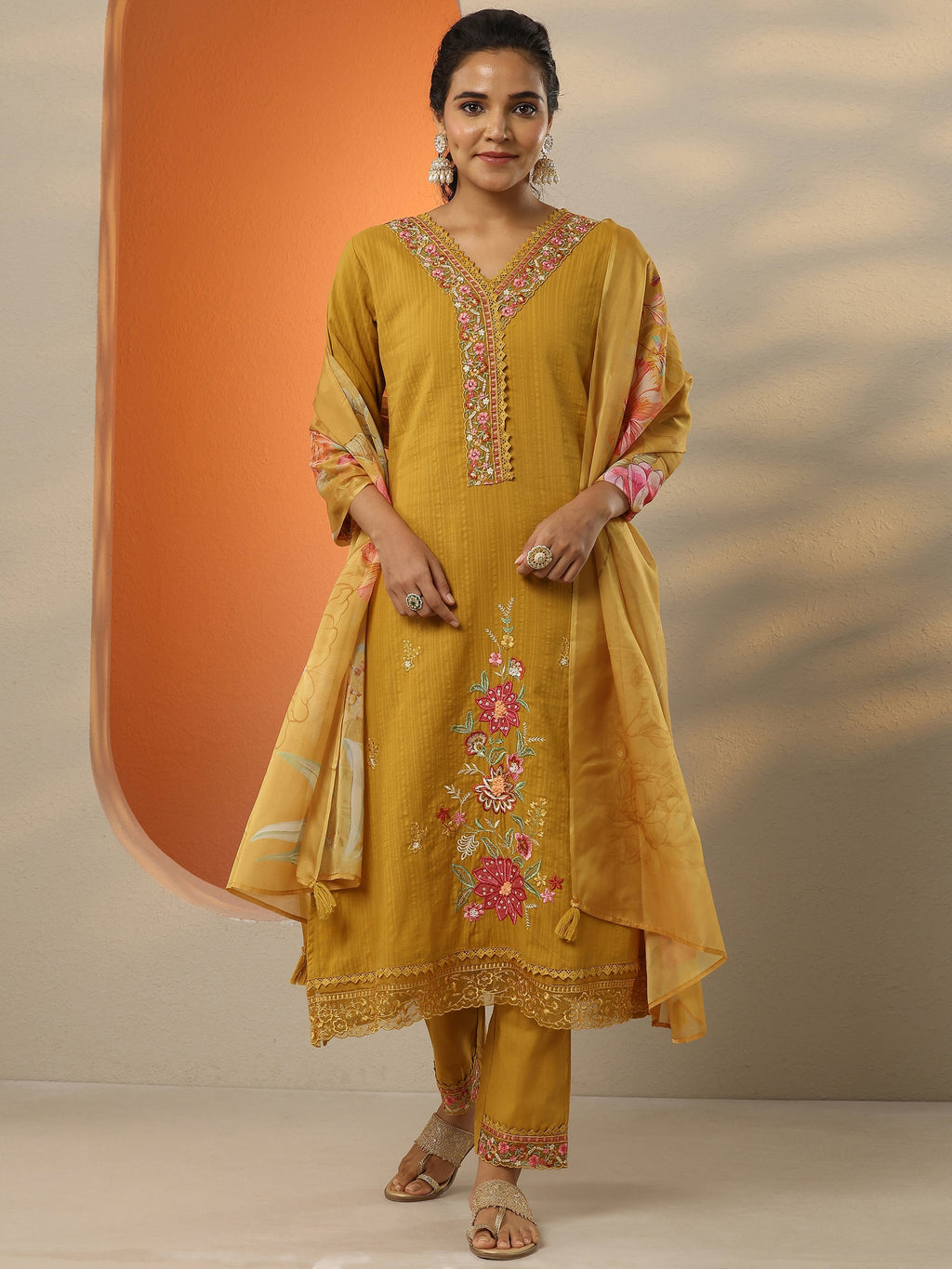 Mustard Embroidered Cotton Straight Suit Set With Dupatta