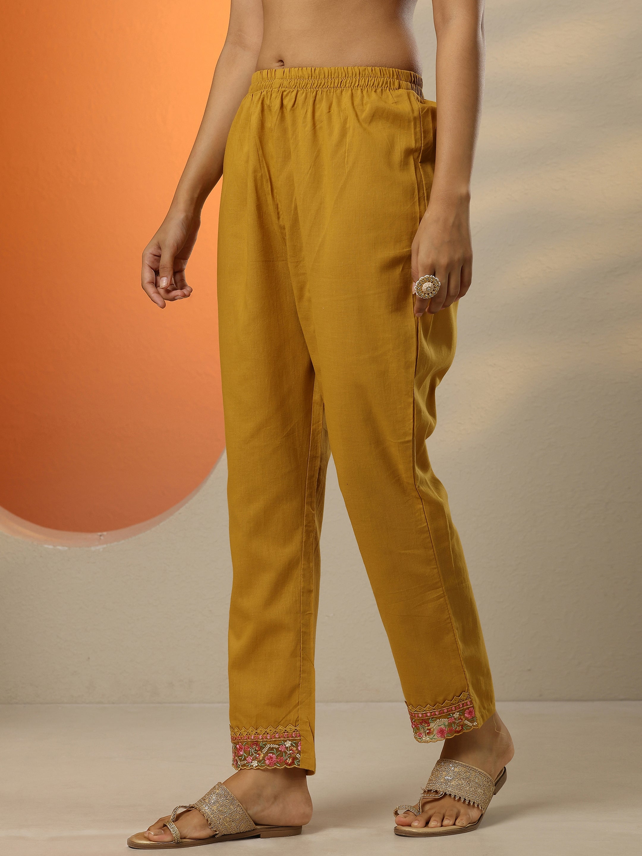 Mustard Embroidered Cotton Straight Suit Set With Dupatta