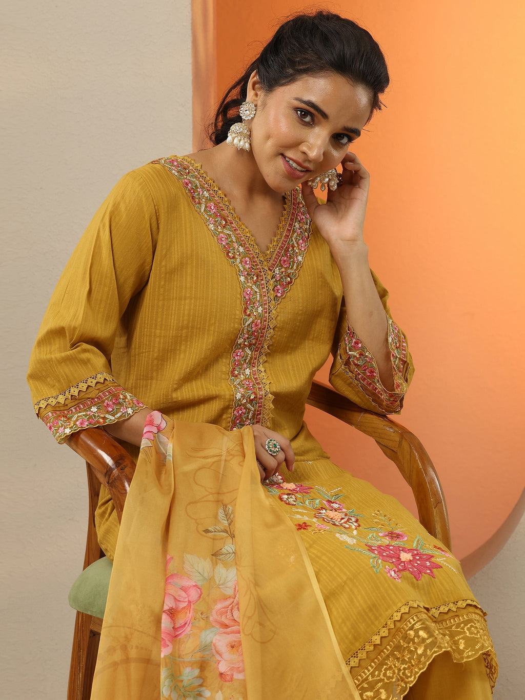 Mustard Embroidered Cotton Straight Suit Set With Dupatta
