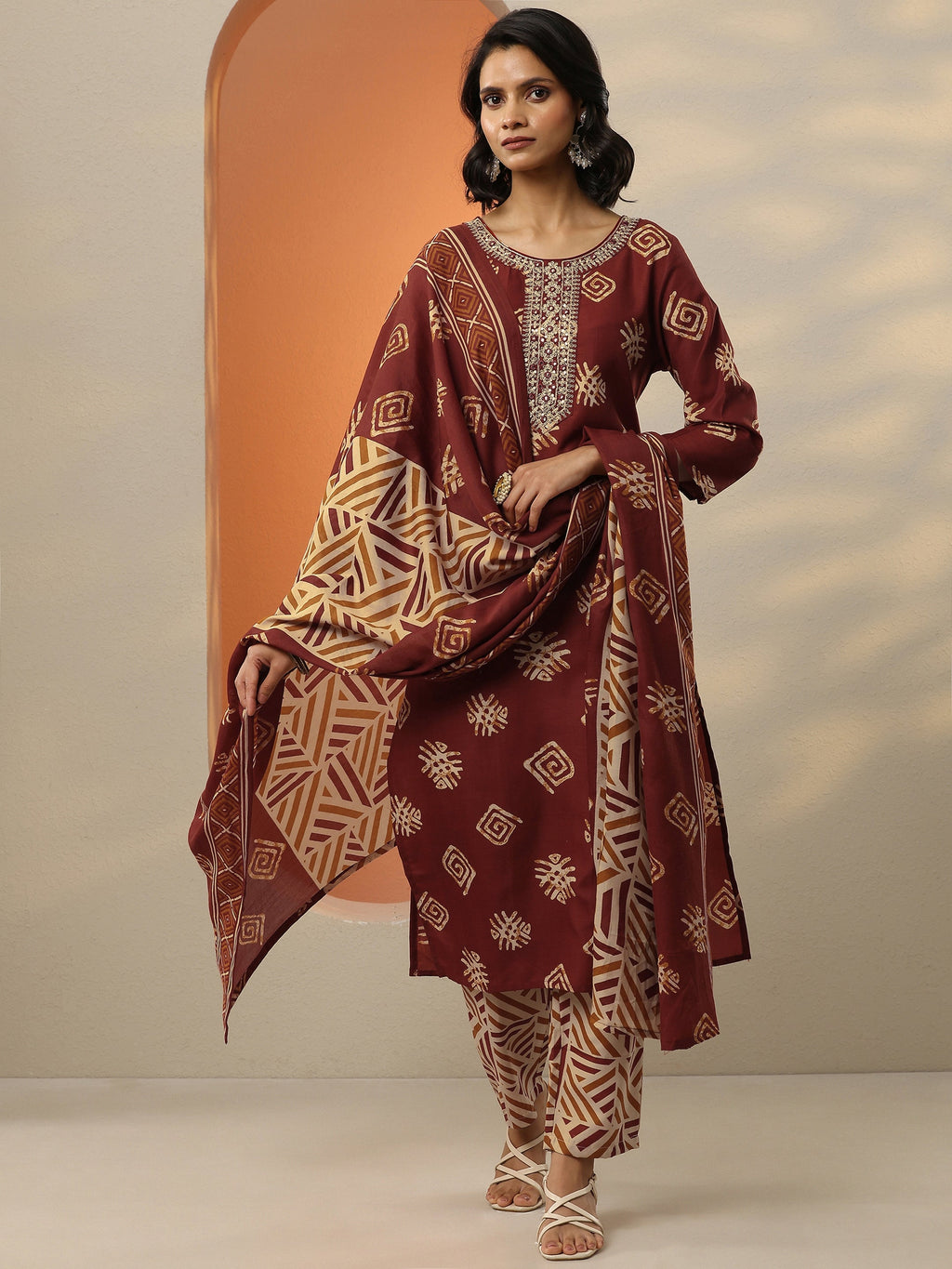 Maroon Printed Cotton Blend  Straight Suit Set With Dupatta