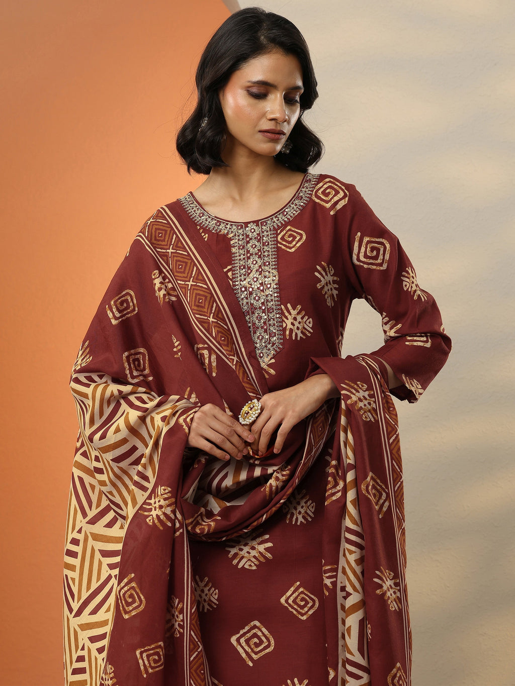 Maroon Printed Cotton Blend  Straight Suit Set With Dupatta