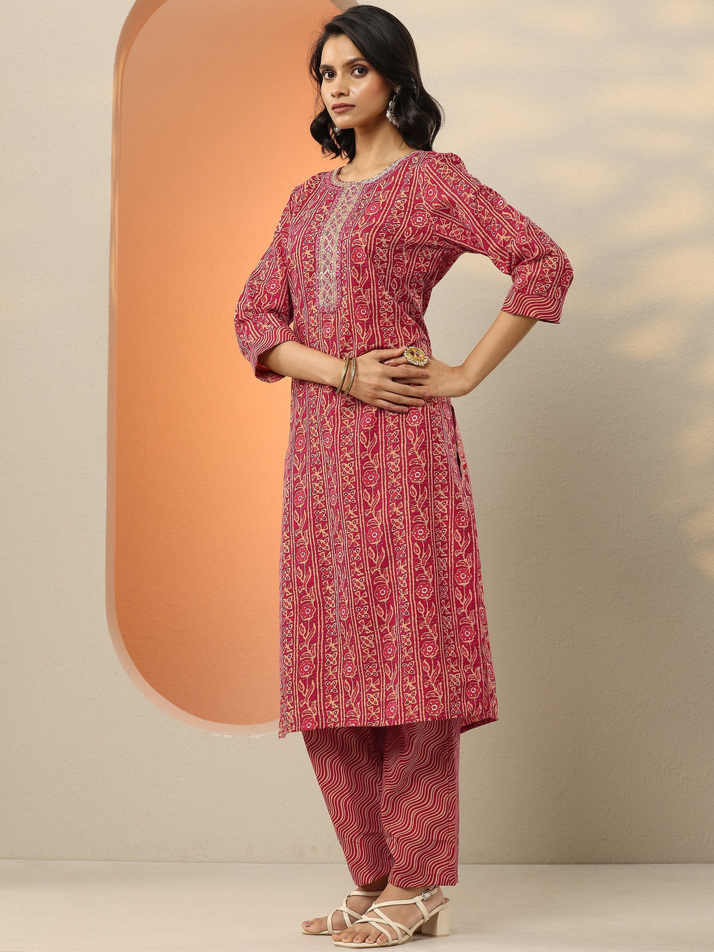 Pink Printed Cotton Blend  Straight Suit Set With Dupatta