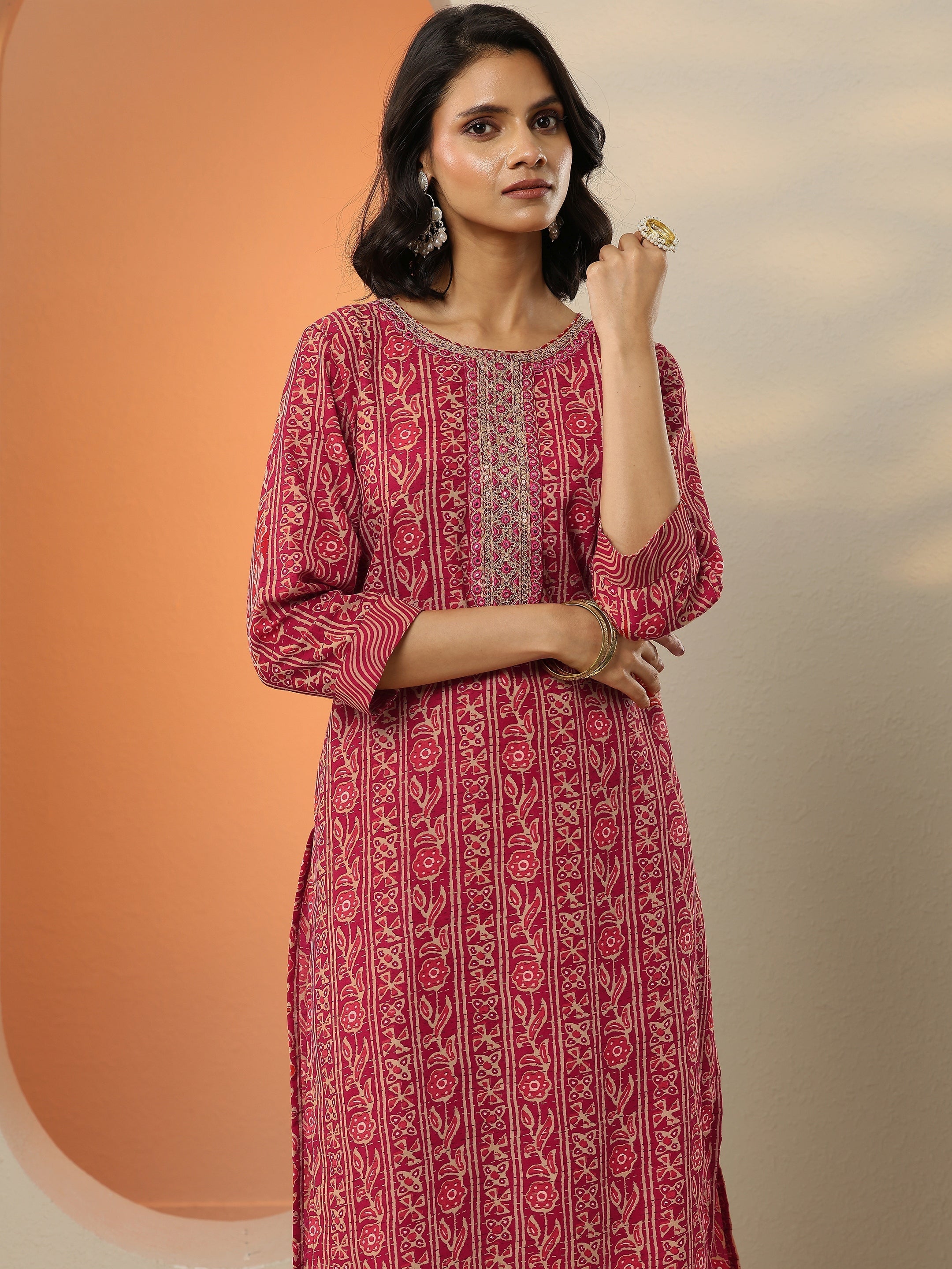 Pink Printed Cotton Blend  Straight Suit Set With Dupatta