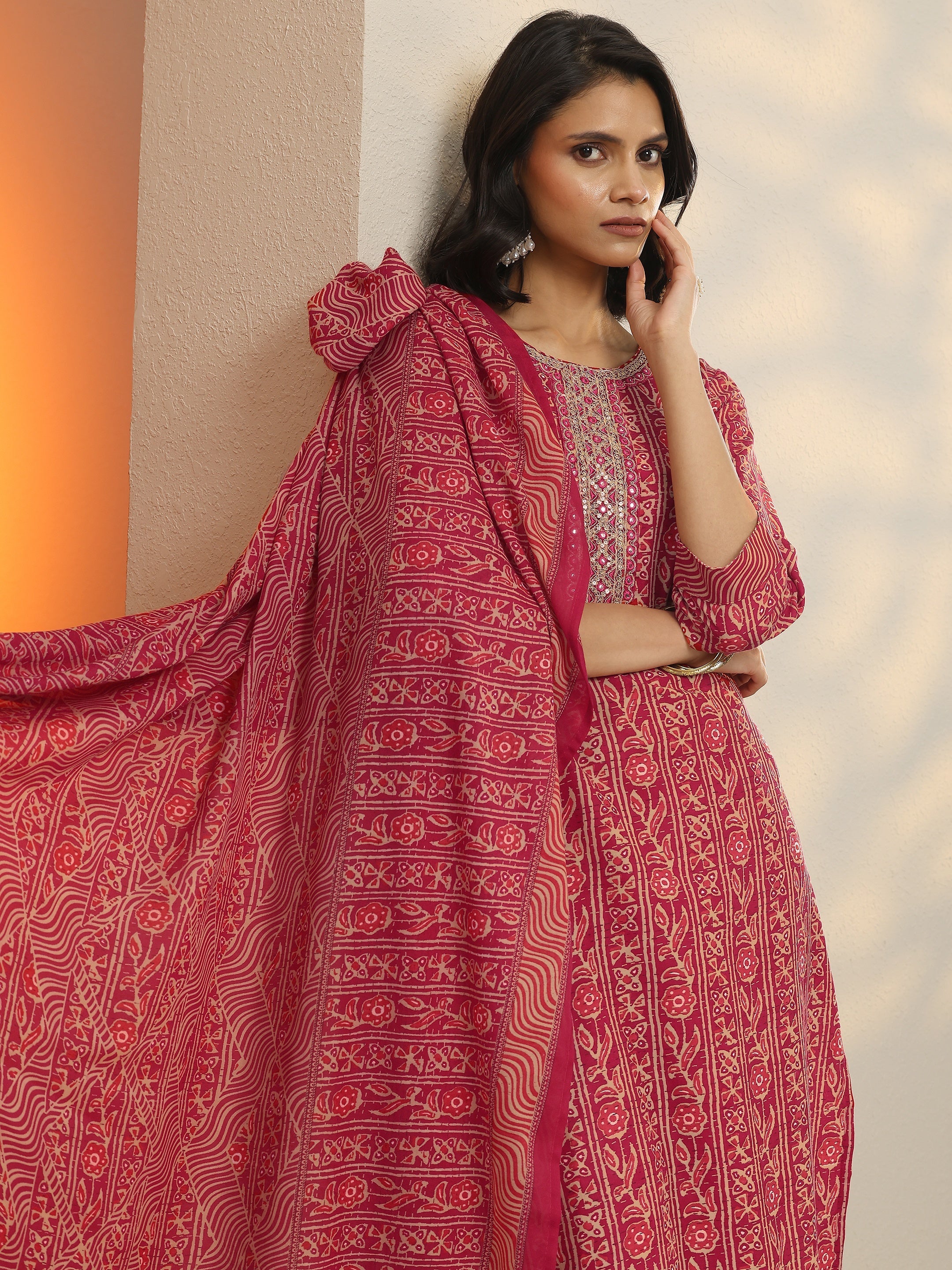 Pink Printed Cotton Blend  Straight Suit Set With Dupatta