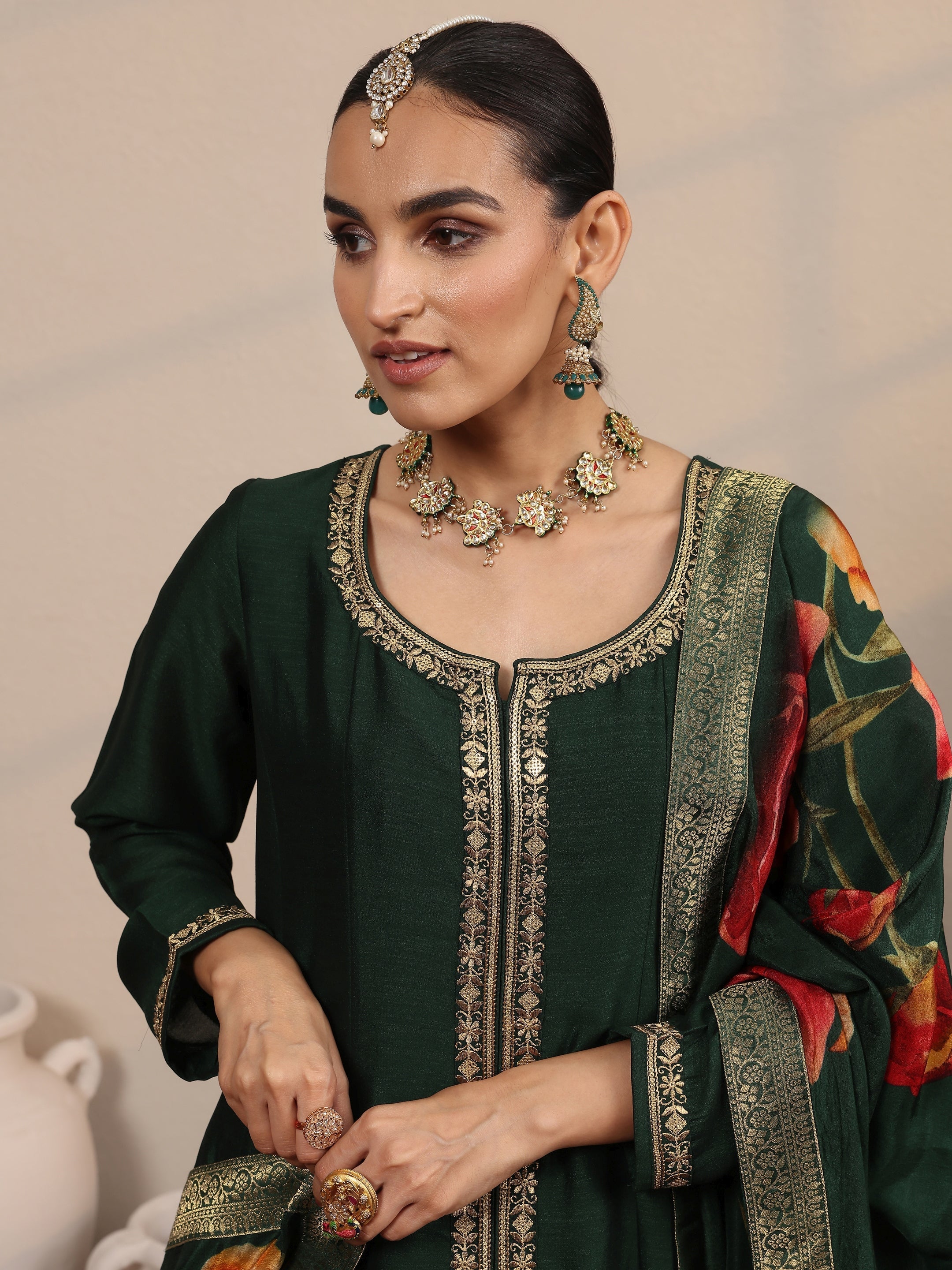 Green Embroidered Silk Blend  A-Line Suit Set With Dupatta