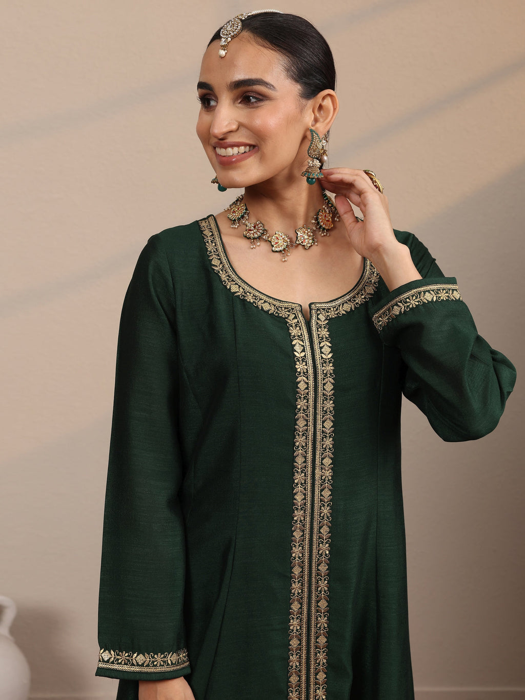 Green Embroidered Silk Blend  A-Line Suit Set With Dupatta