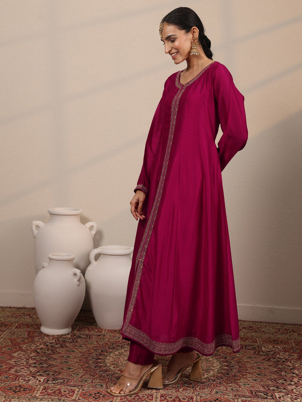 Magenta Embroidered Silk Blend  A-Line Suit Set With Dupatta