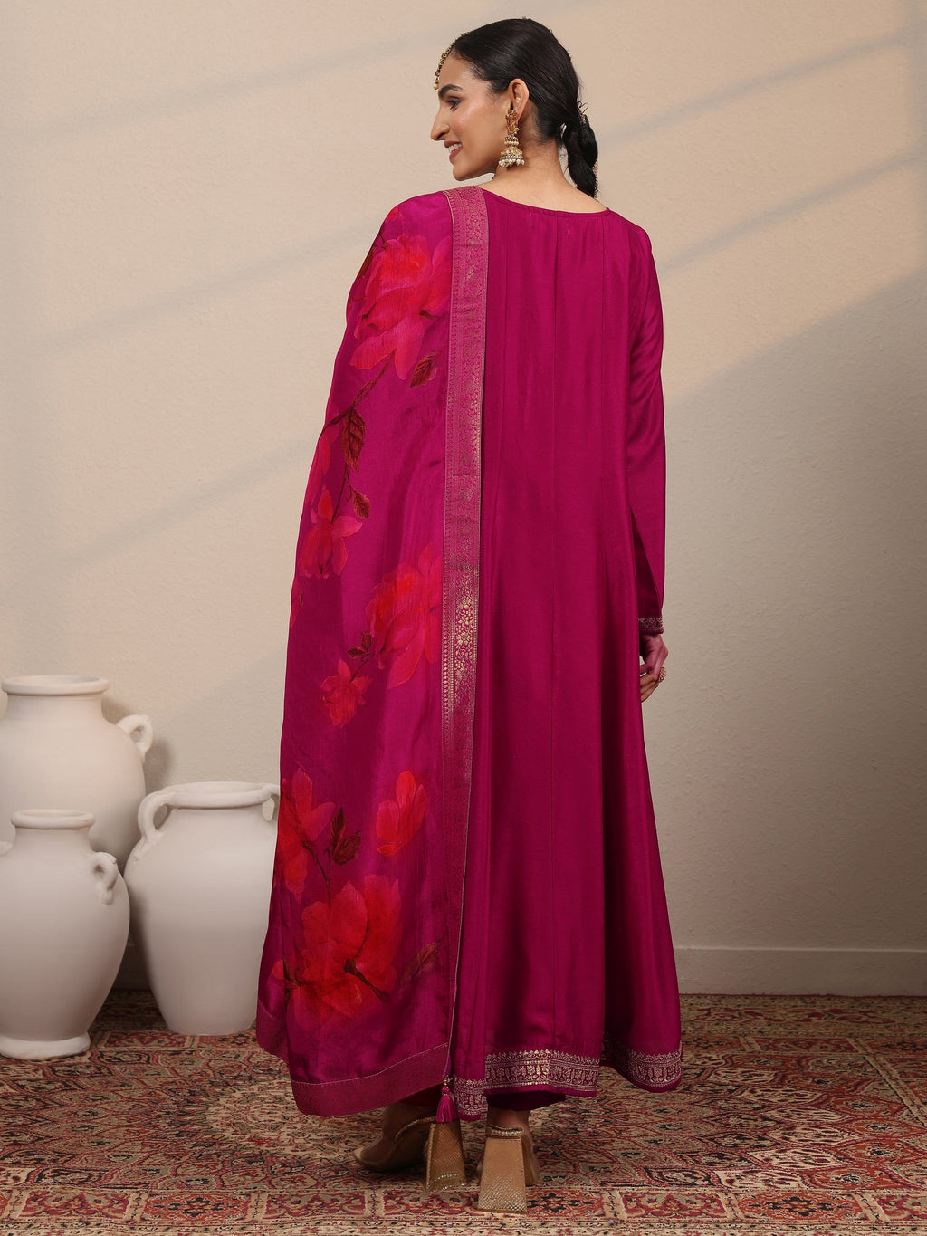 Magenta Embroidered Silk Blend  A-Line Suit Set With Dupatta