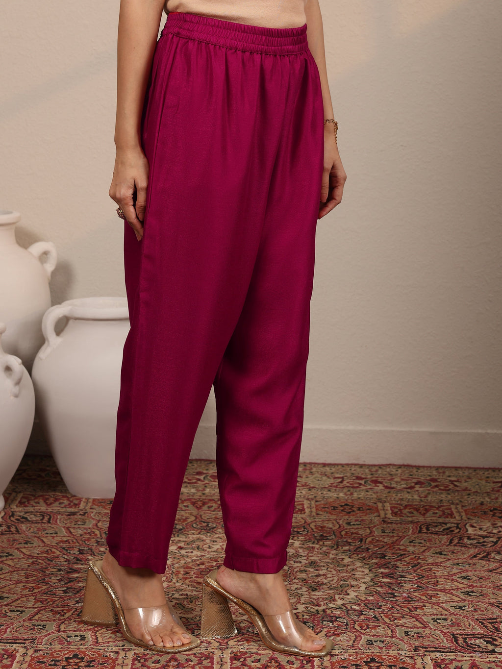 Magenta Embroidered Silk Blend  A-Line Suit Set With Dupatta