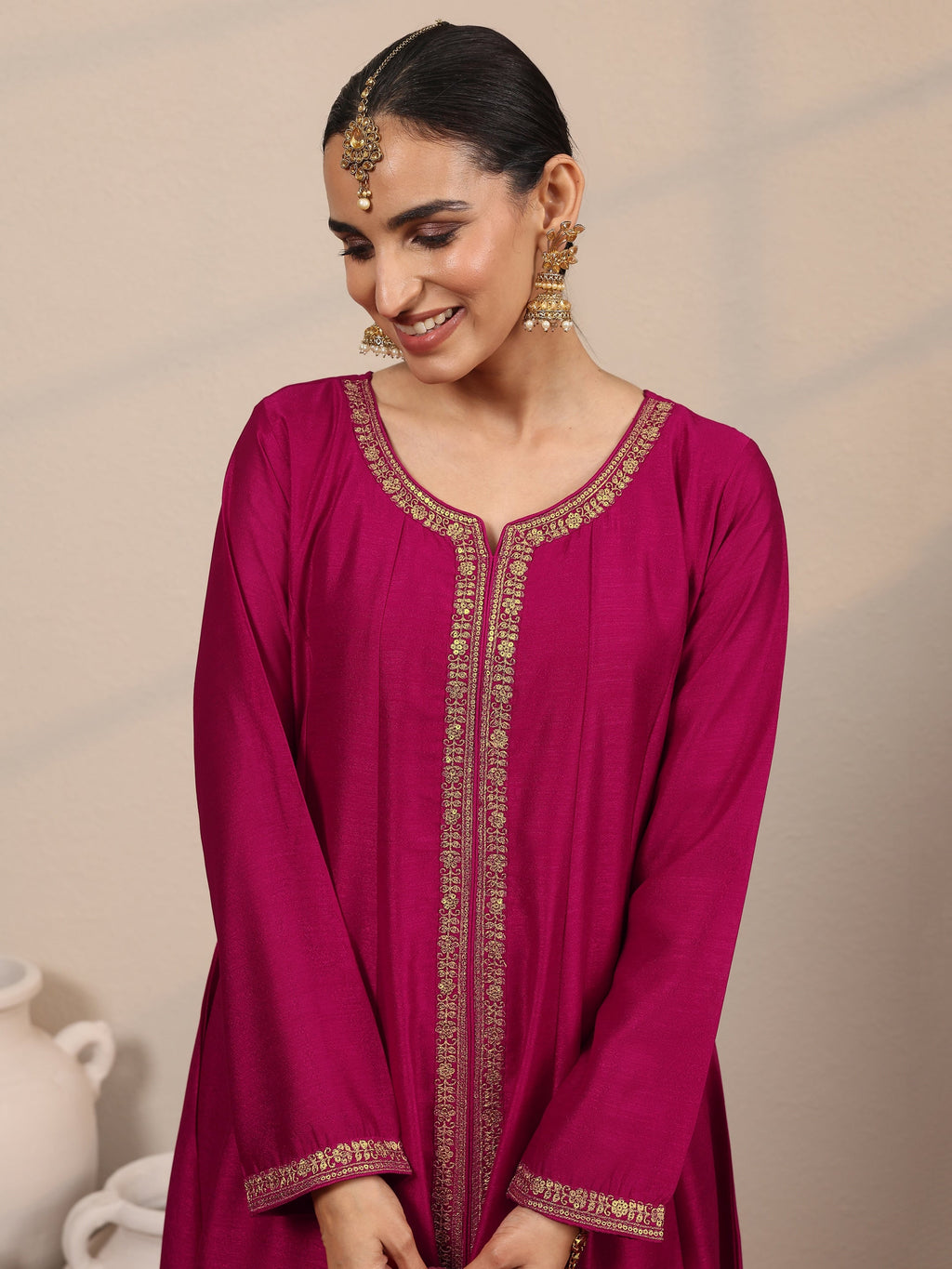 Magenta Embroidered Silk Blend  A-Line Suit Set With Dupatta