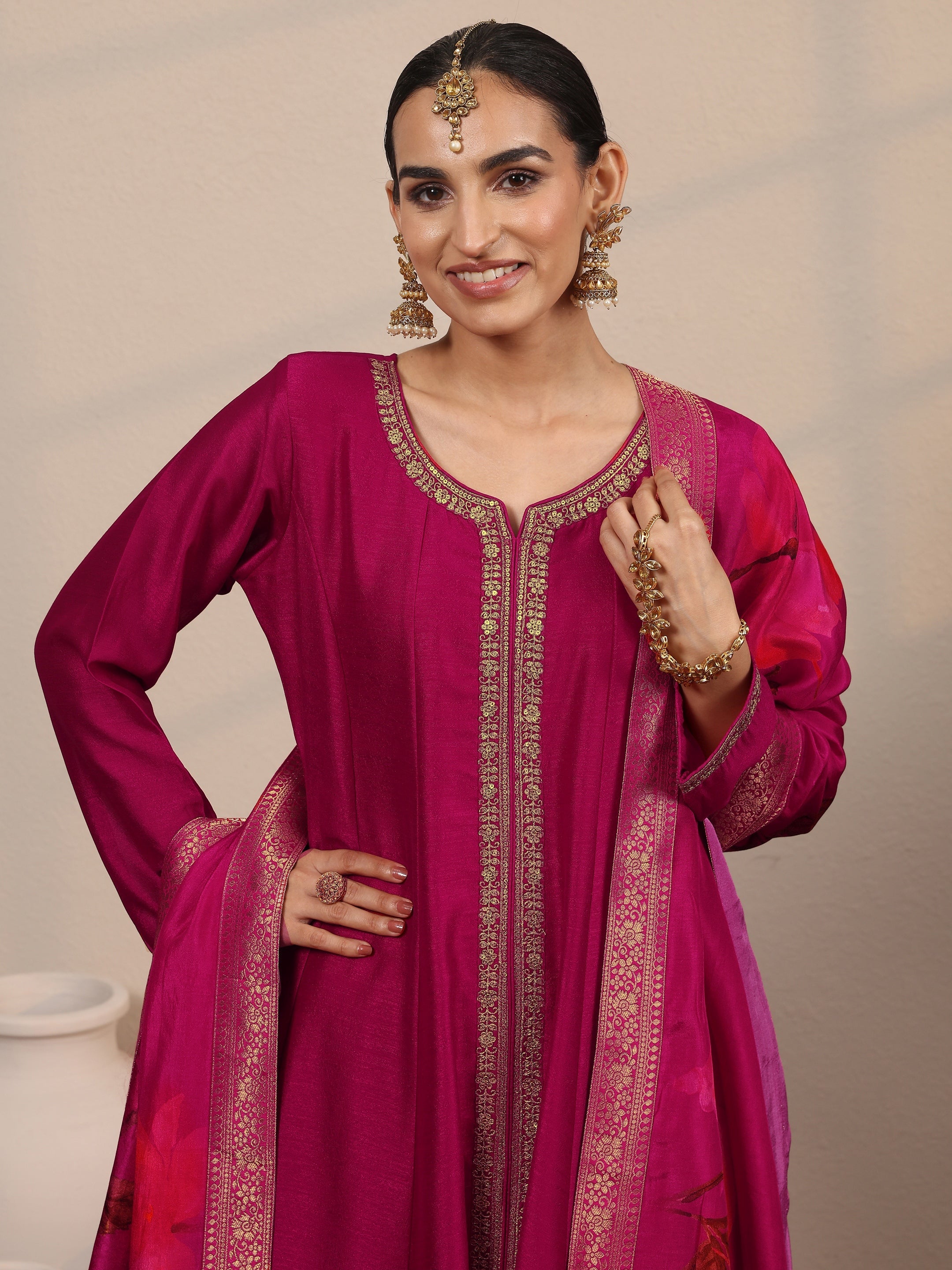 Magenta Embroidered Silk Blend  A-Line Suit Set With Dupatta