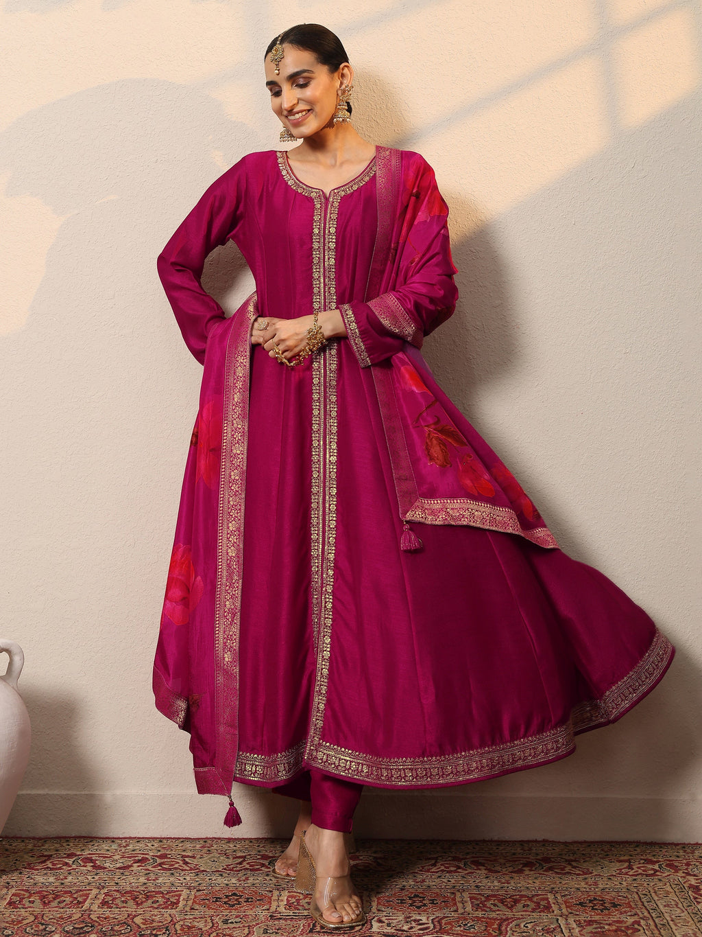 Magenta Embroidered Silk Blend  A-Line Suit Set With Dupatta