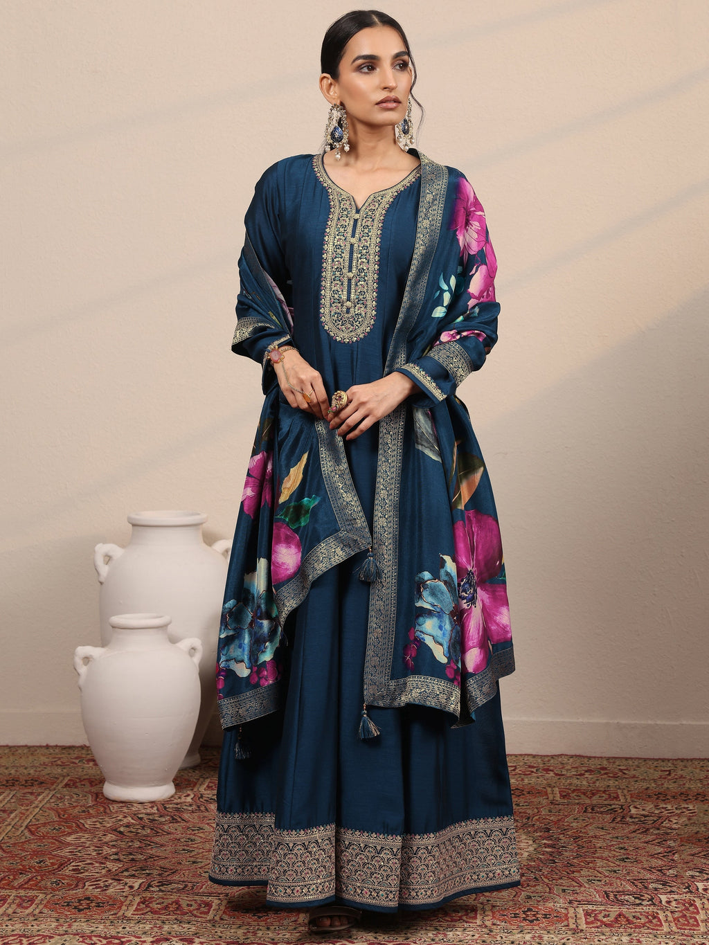 Navy Blue Embroidered Silk Blend A-Line Gown With Dupatta