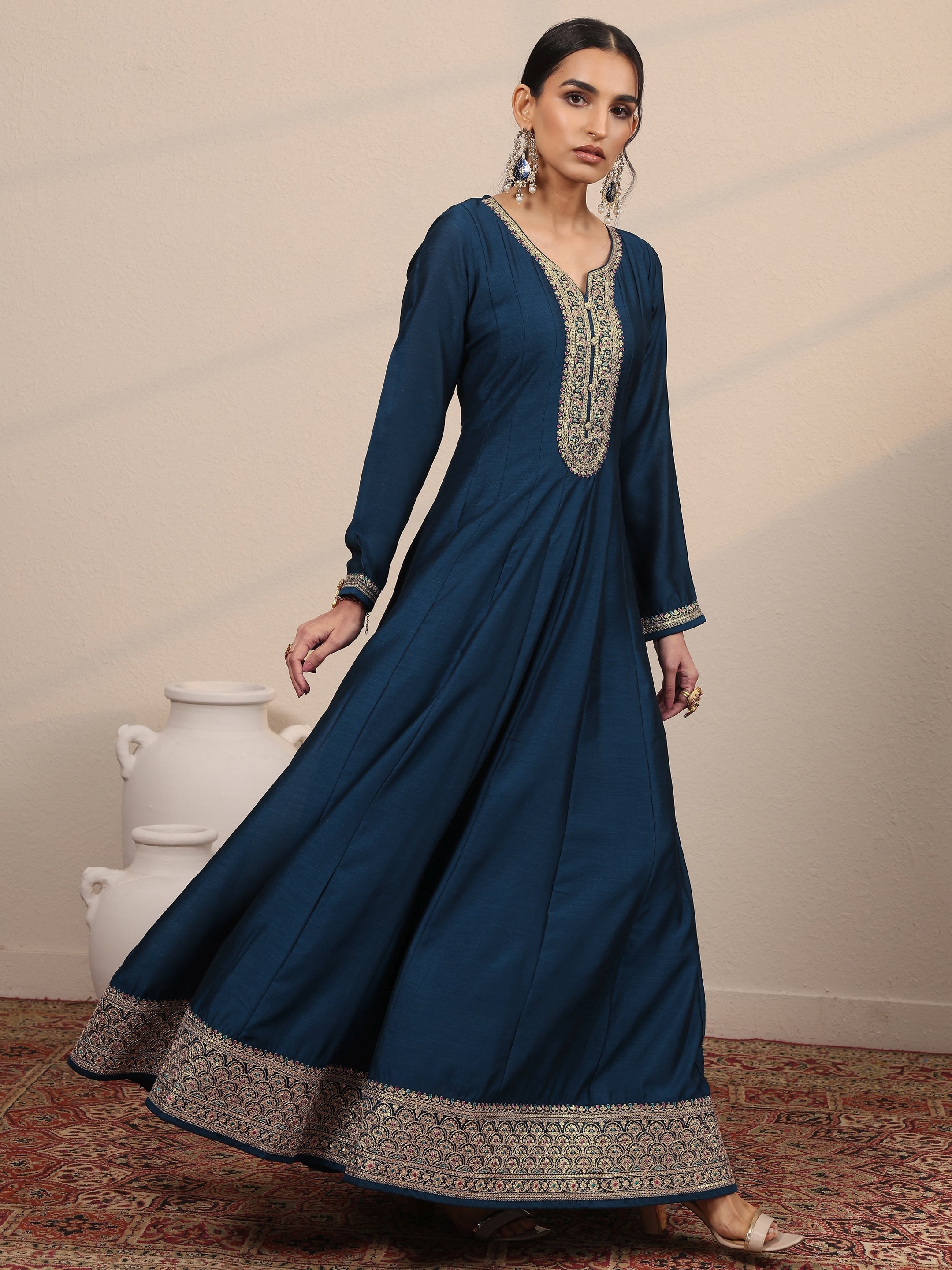 Navy Blue Embroidered Silk Blend A-Line Gown With Dupatta
