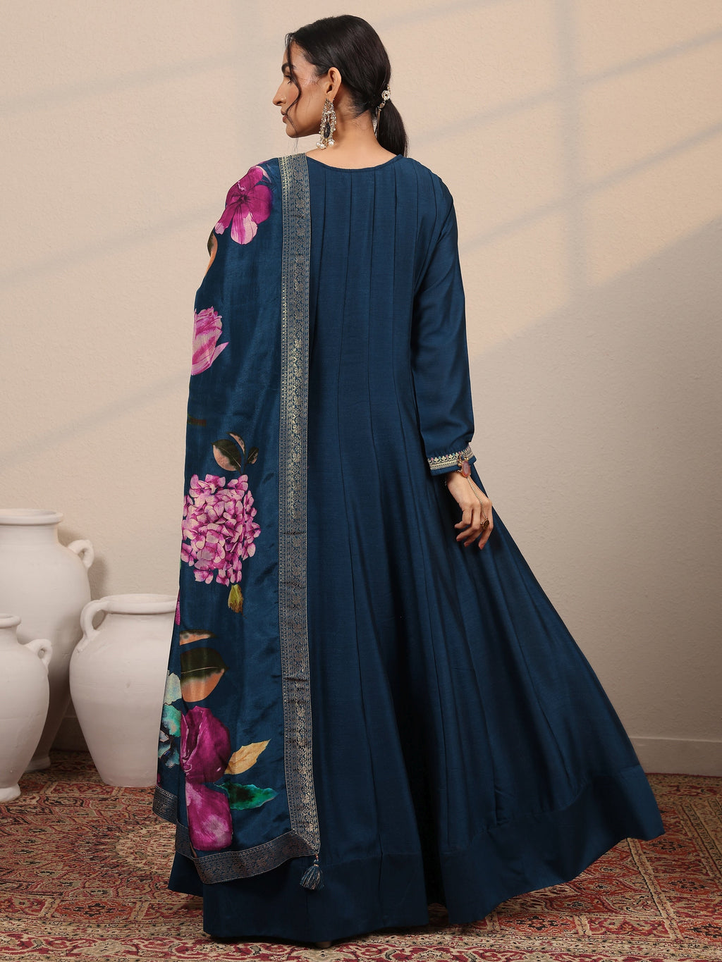 Navy Blue Embroidered Silk Blend A-Line Gown With Dupatta