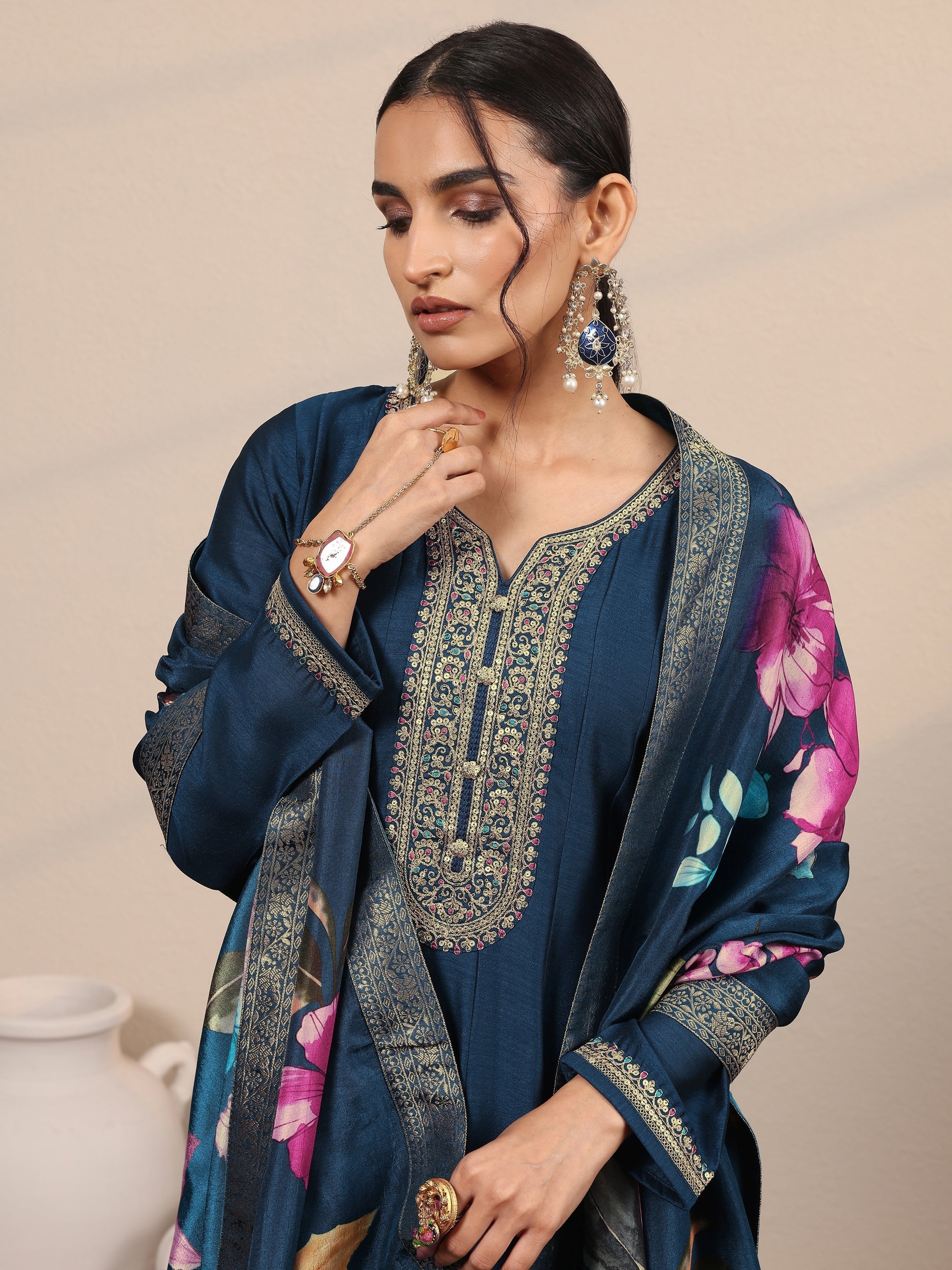 Navy Blue Embroidered Silk Blend A-Line Gown With Dupatta