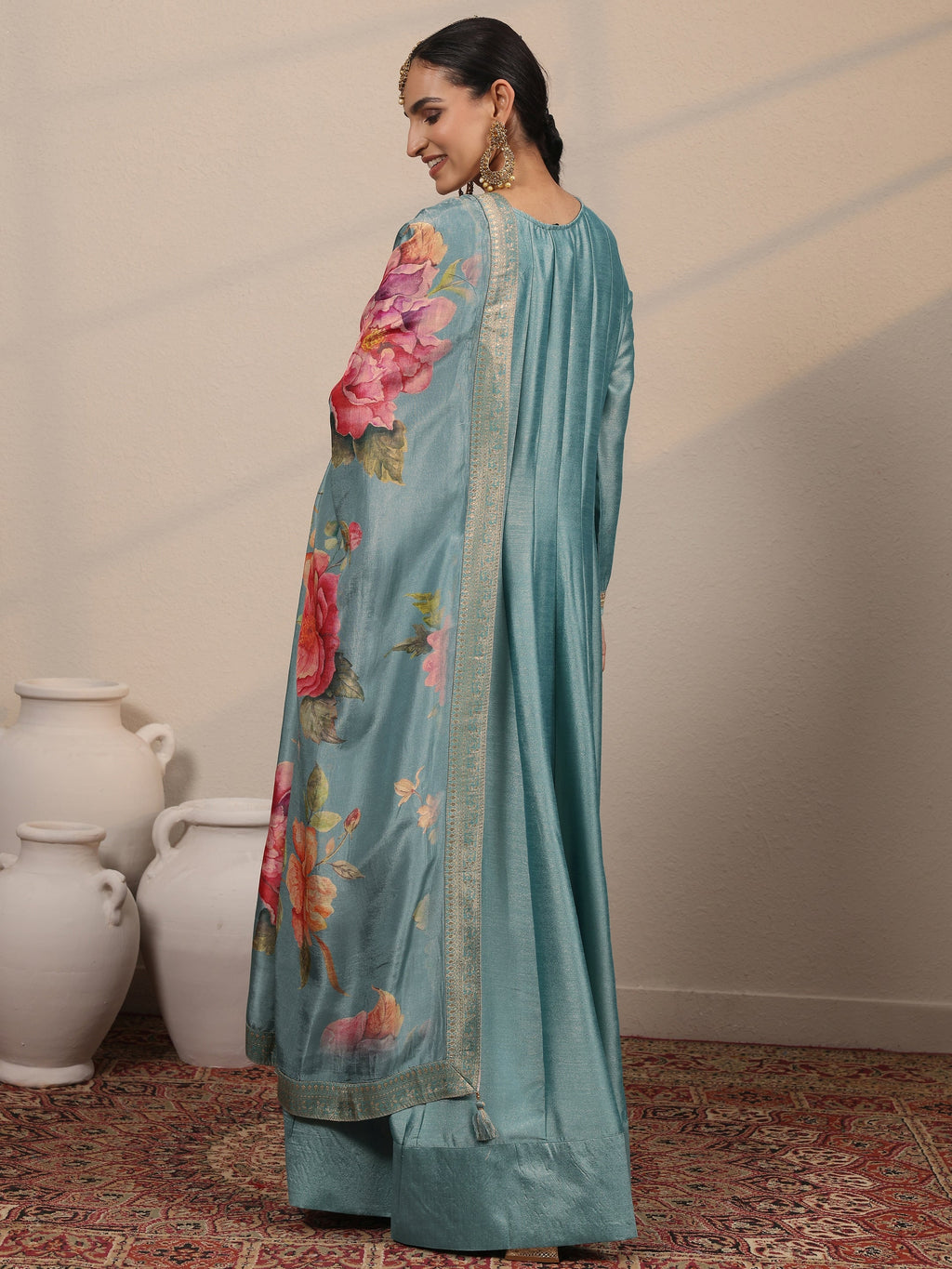 Blue Embroidered Silk blend A-line Gown With Dupatta
