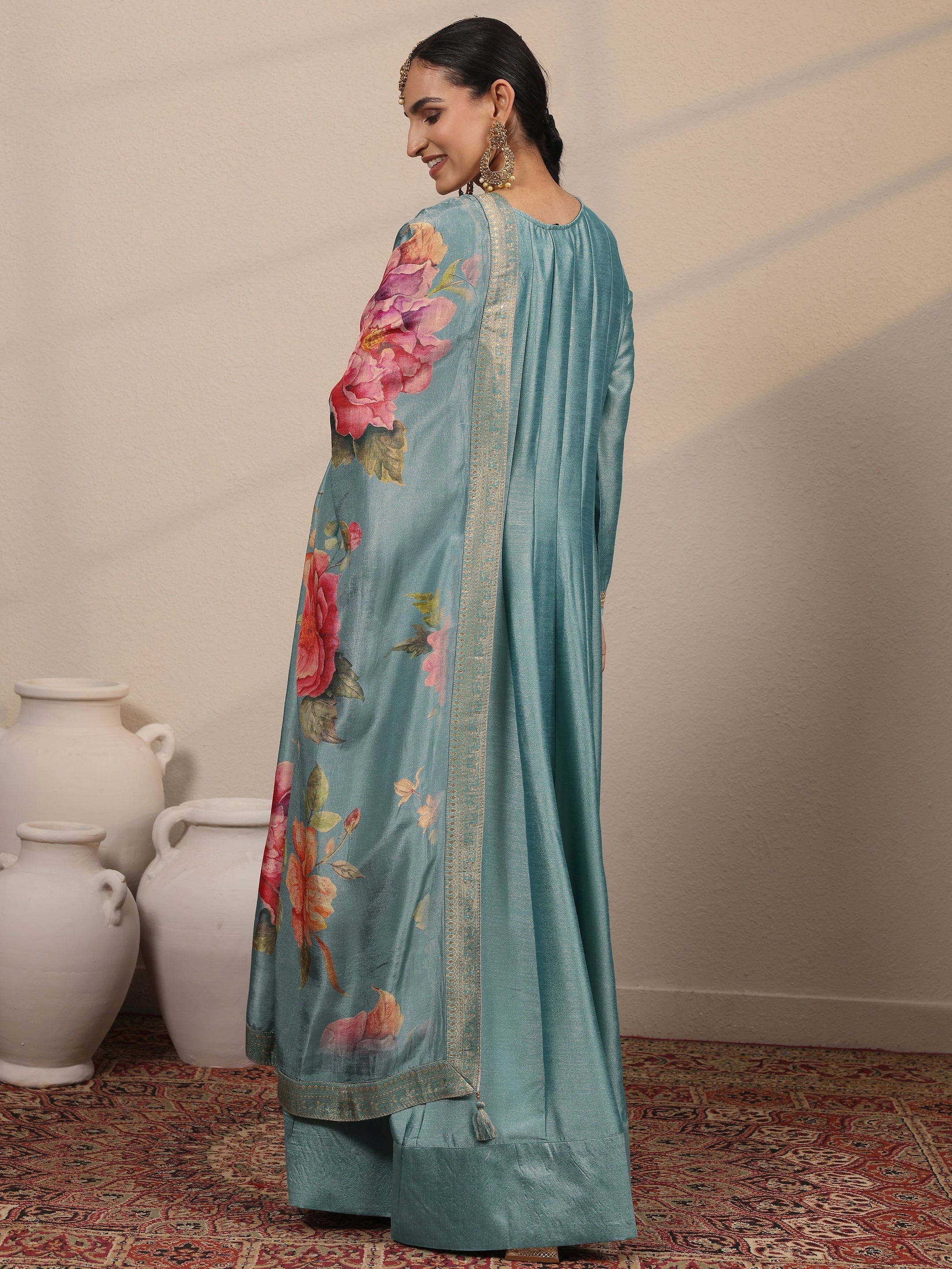 Blue Embroidered Silk blend A-line Gown With Dupatta