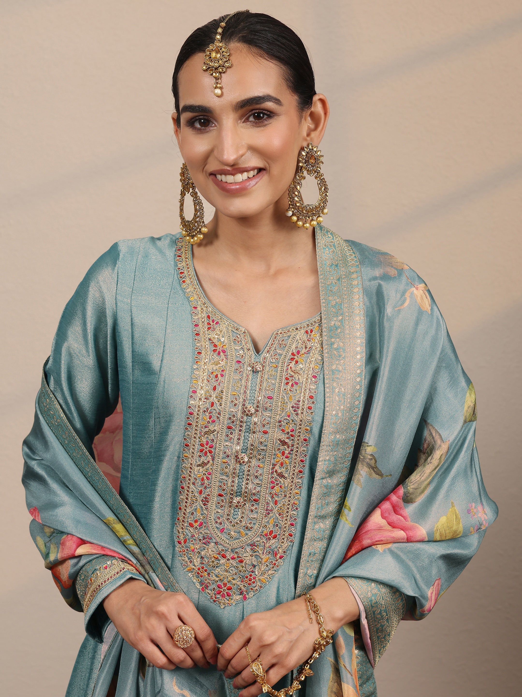 Blue Embroidered Silk blend A-line Gown With Dupatta