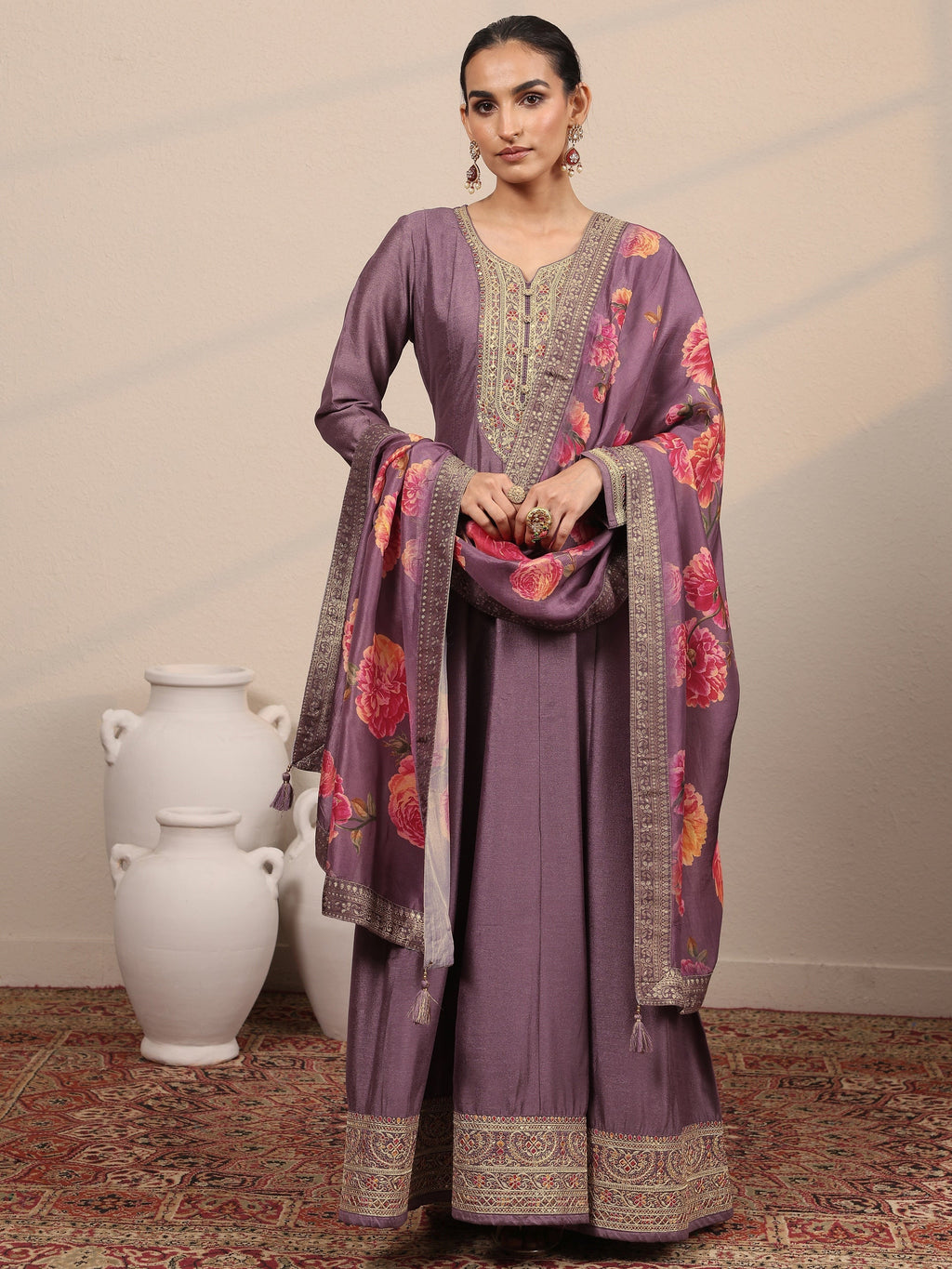 Lavender Embroidered Silk Blend A-Line Gown With Dupatta