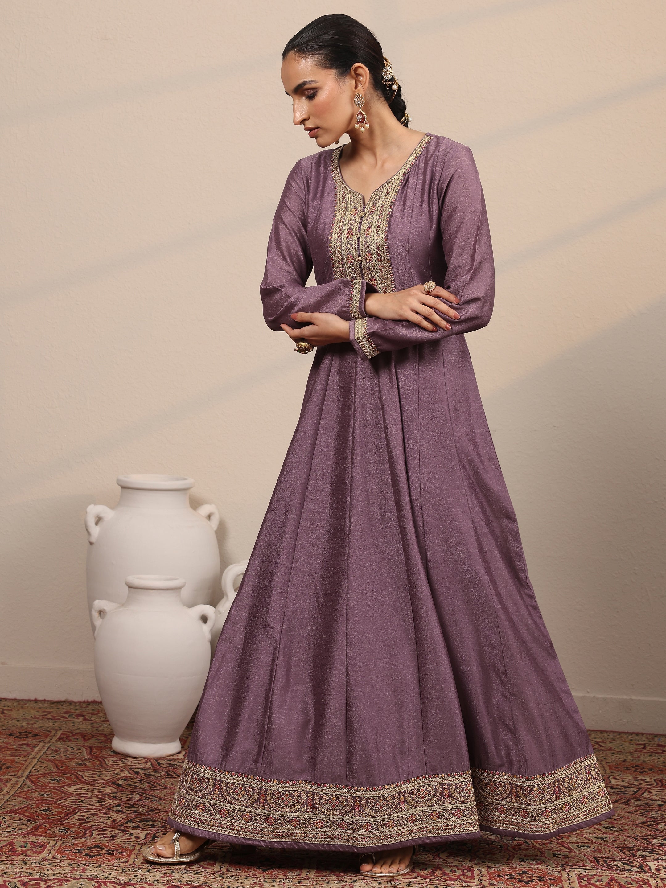 Lavender Embroidered Silk Blend A-Line Gown With Dupatta