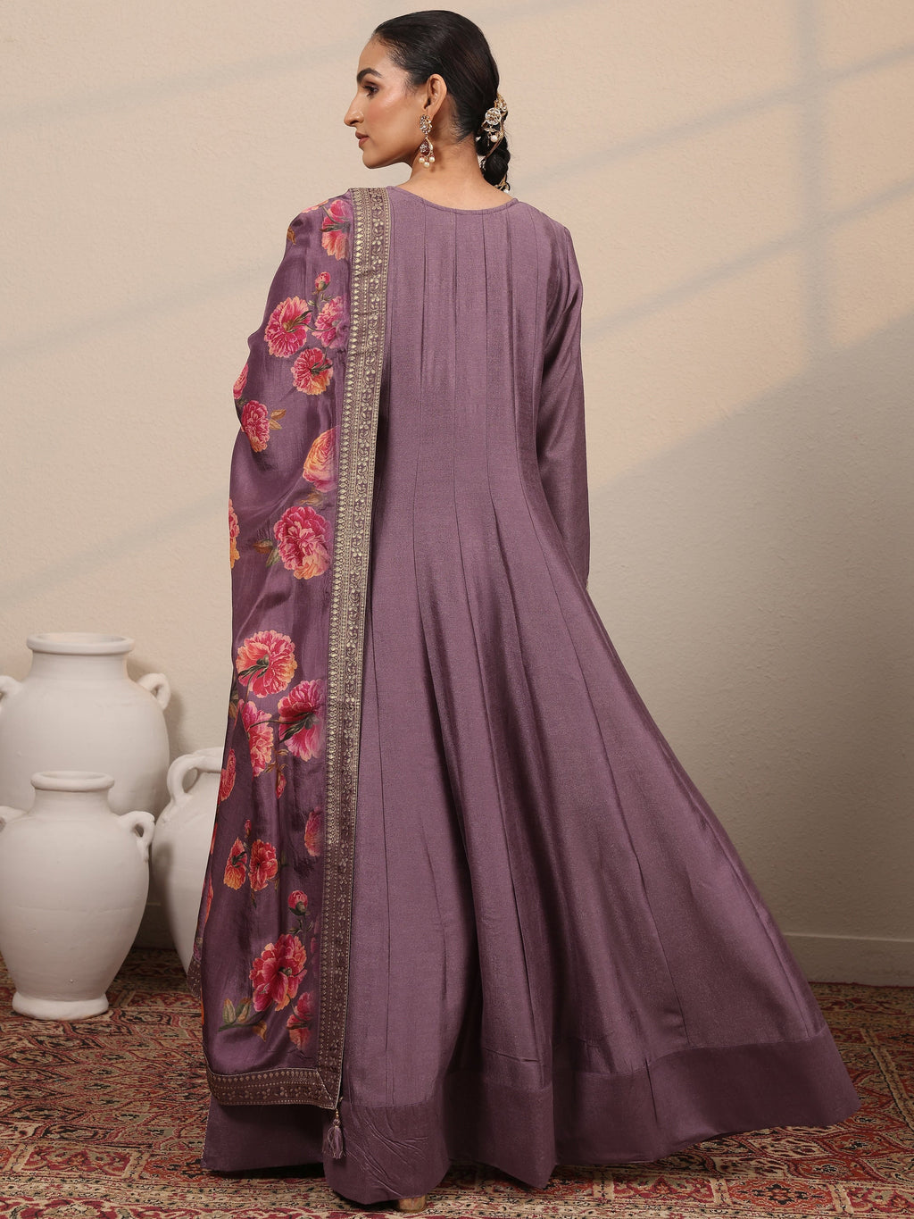 Lavender Embroidered Silk Blend A-Line Gown With Dupatta