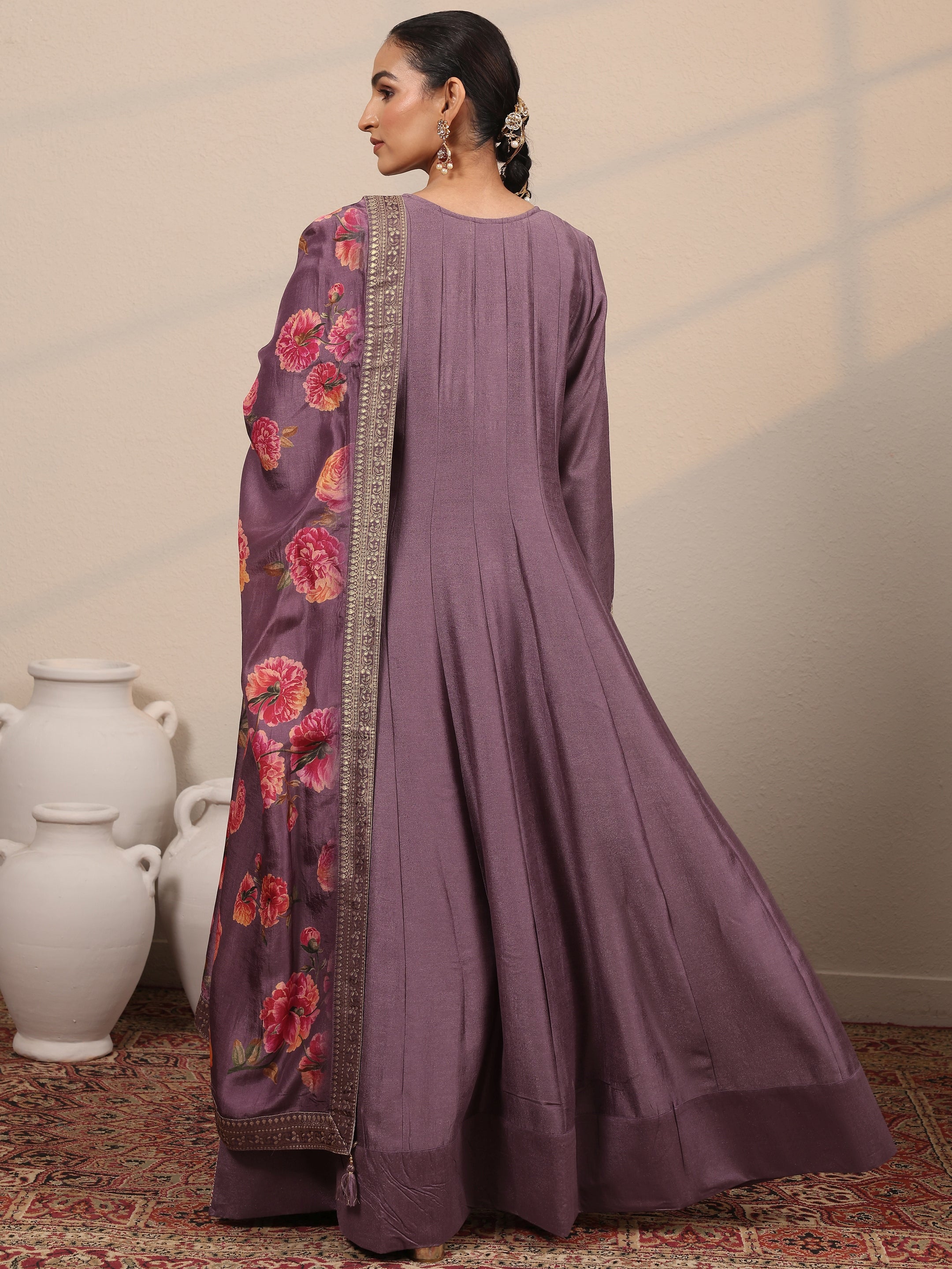Lavender Embroidered Silk Blend A-Line Gown With Dupatta