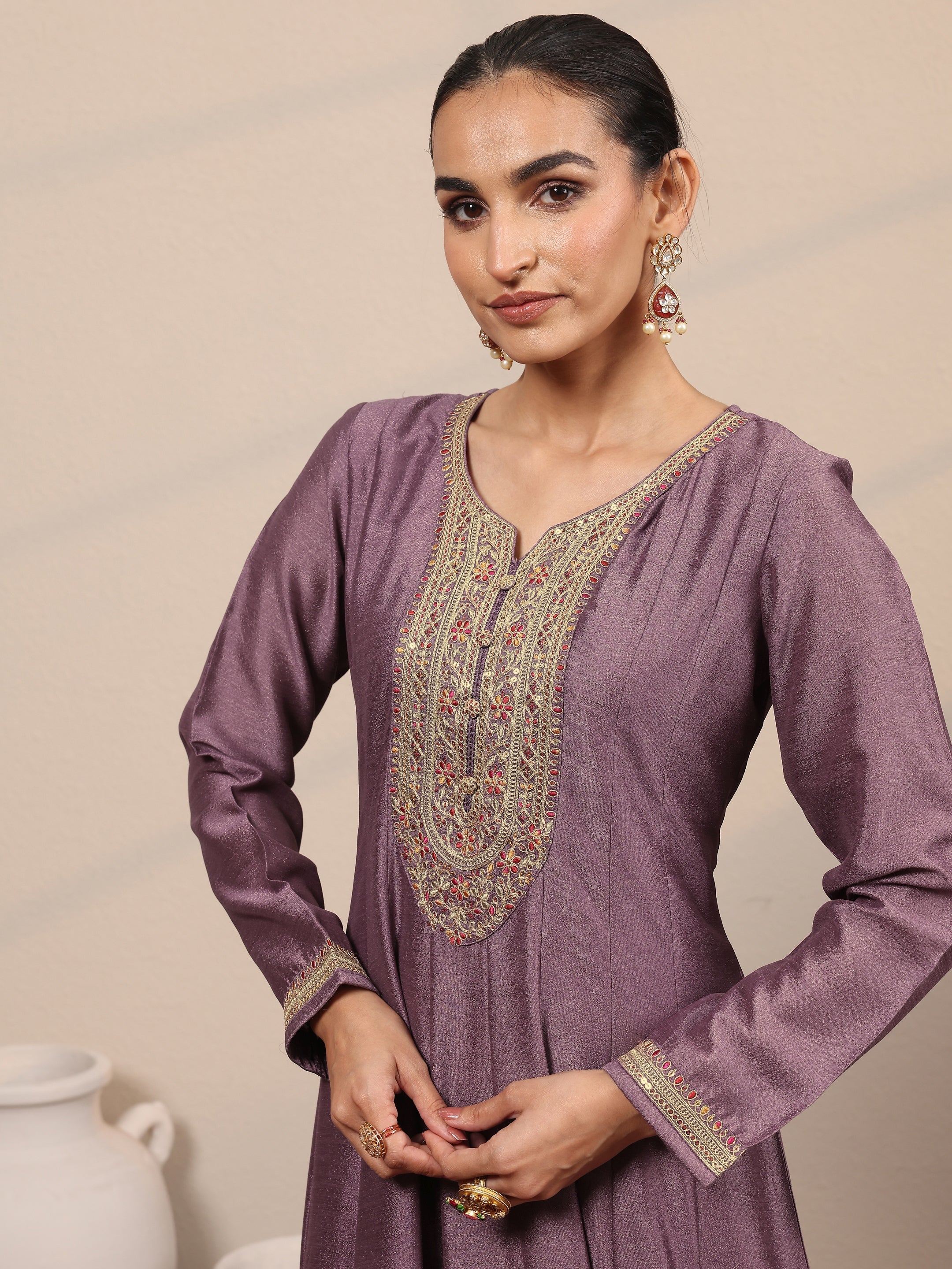 Lavender Embroidered Silk Blend A-Line Gown With Dupatta