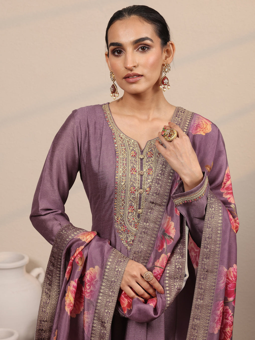 Lavender Embroidered Silk Blend A-Line Gown With Dupatta