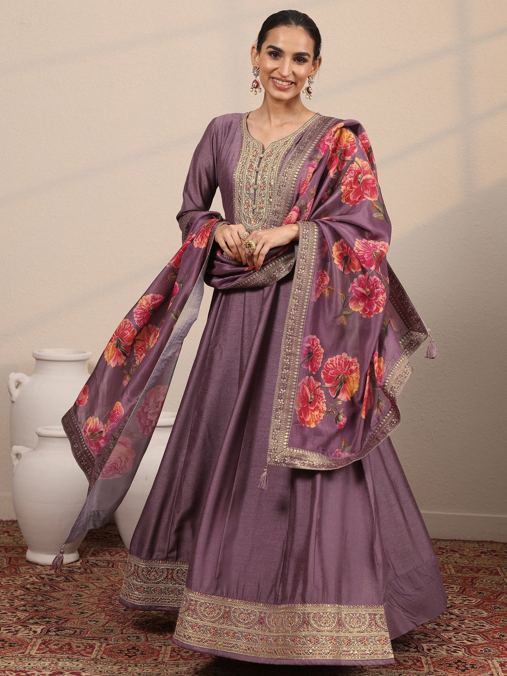 Lavender Embroidered Silk Blend A-Line Gown With Dupatta